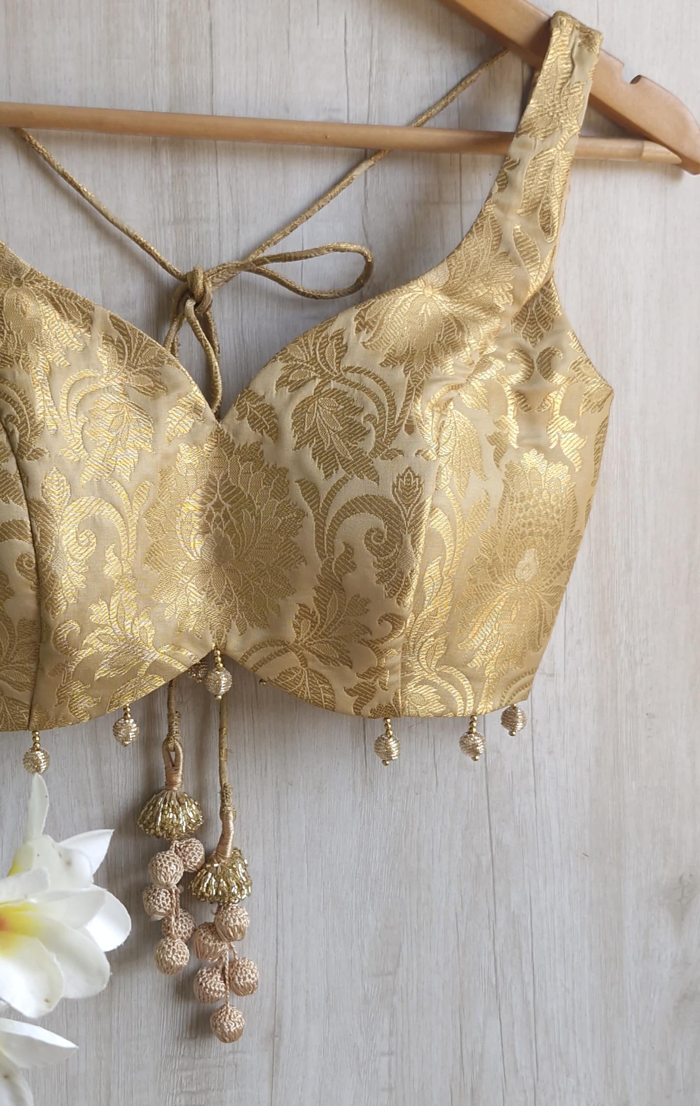 Gold Beige Banarasi Brocade Sweetheart Neck Blouse DVBL_411
