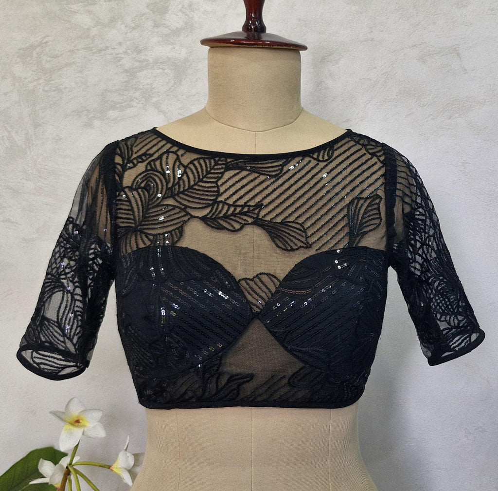 Embroidered Net Black Blouse with Sleeves DVBL_418
