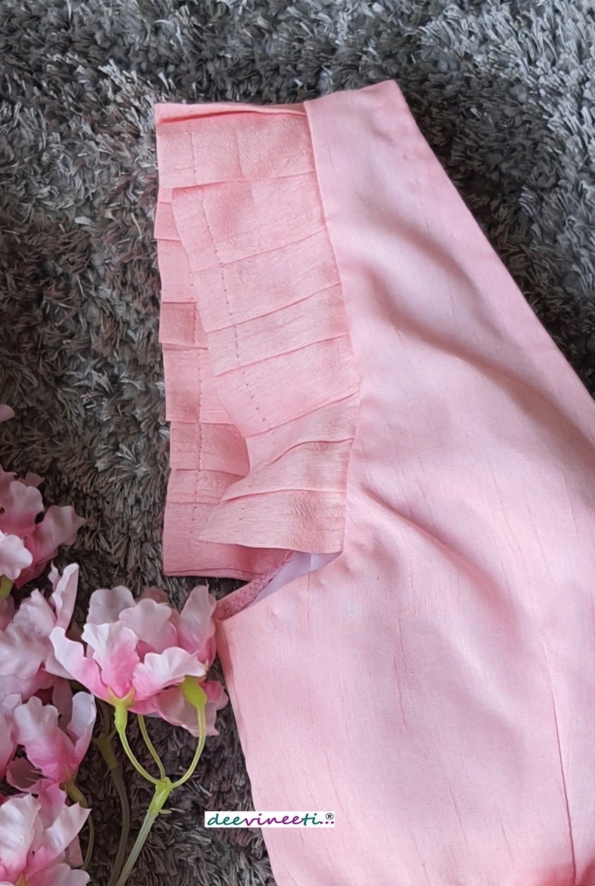 Pink Tussar Silk V Neck Pleated Sleeves Blouse DVBL_220