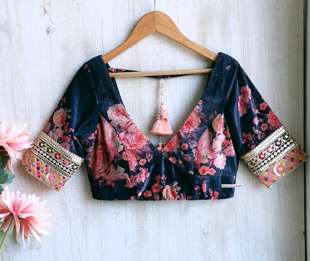 Deep Blue Floral Print Velvet V Neck Blouse DVBL_348