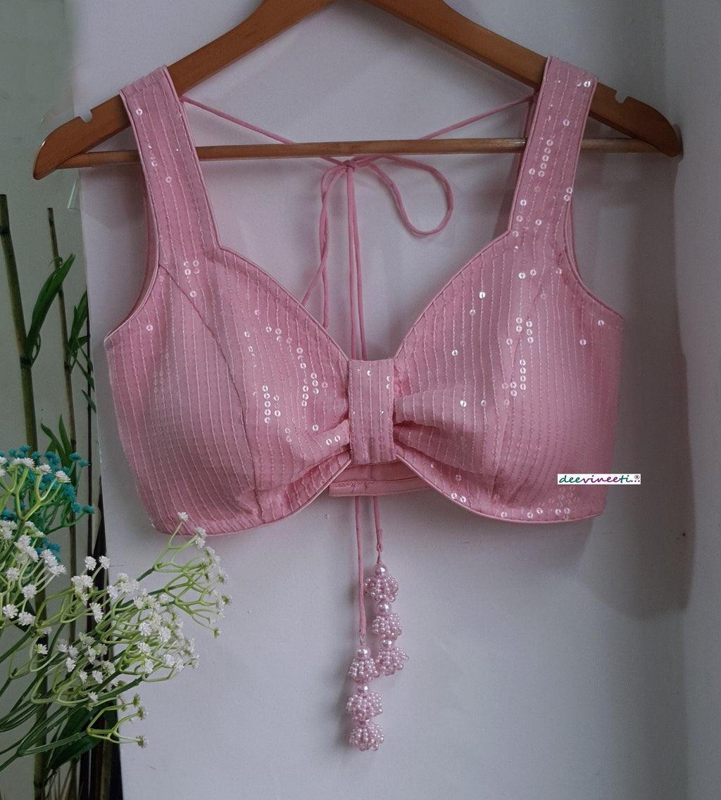 Sequins Embroidered Pink Sweetheart Neck Blouse DVBL_288
