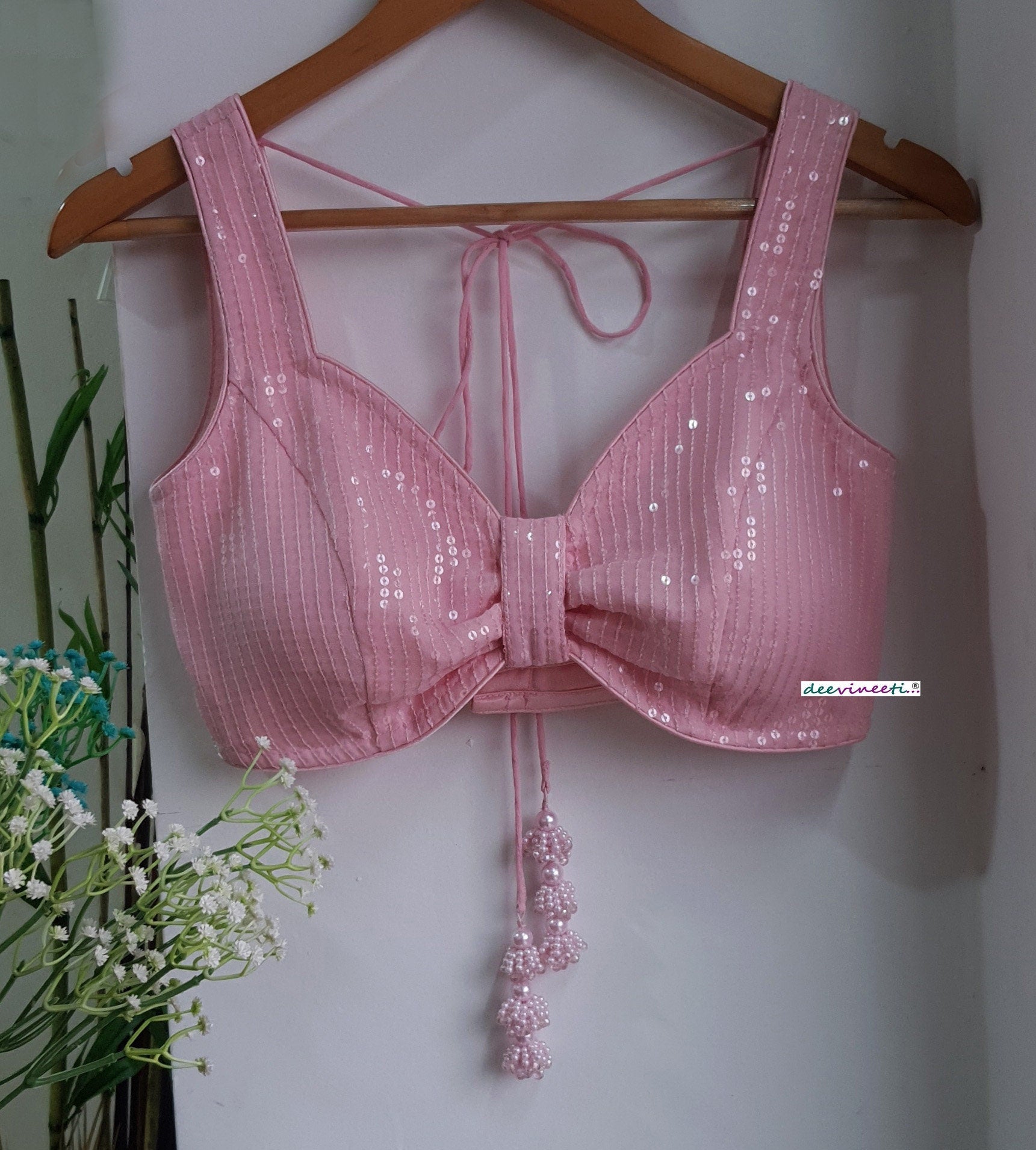 Sequins Embroidered Pink Sweetheart Neck Blouse DVBL_288