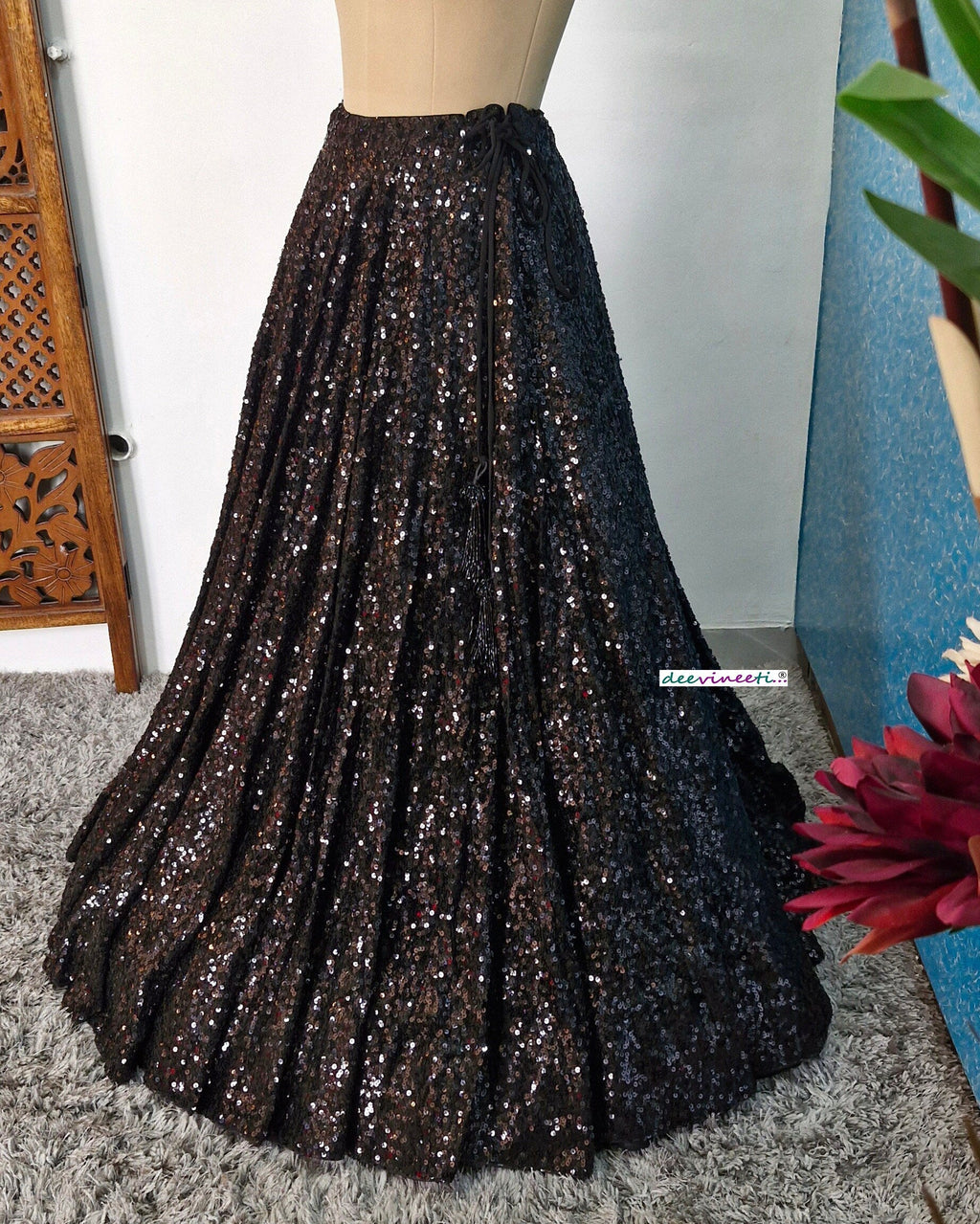 Black Sequins Lehenga Skirt DVLS_040
