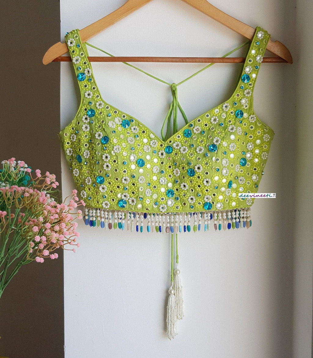 Hand Embroidered Lime Green Deep Sweetheart Neck Blouse DVBL_287