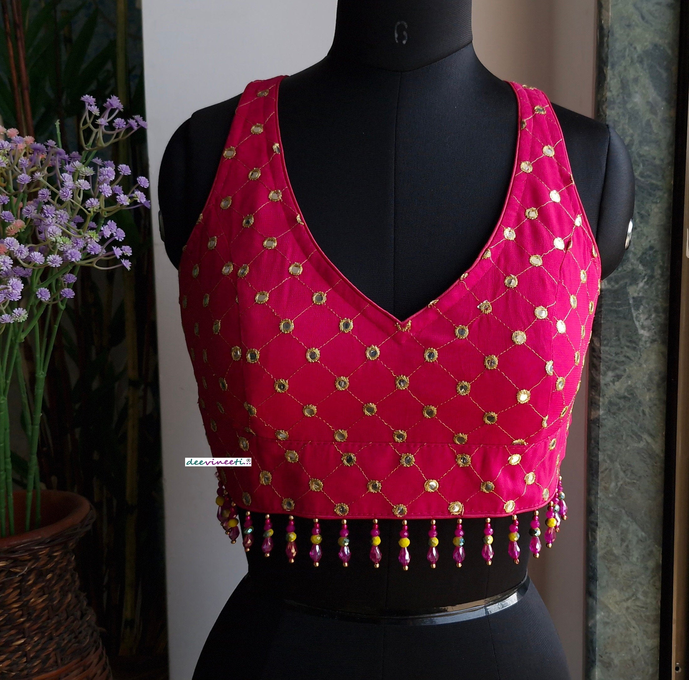 Hot Pink Embroidered Backless Blouse DVBL_336