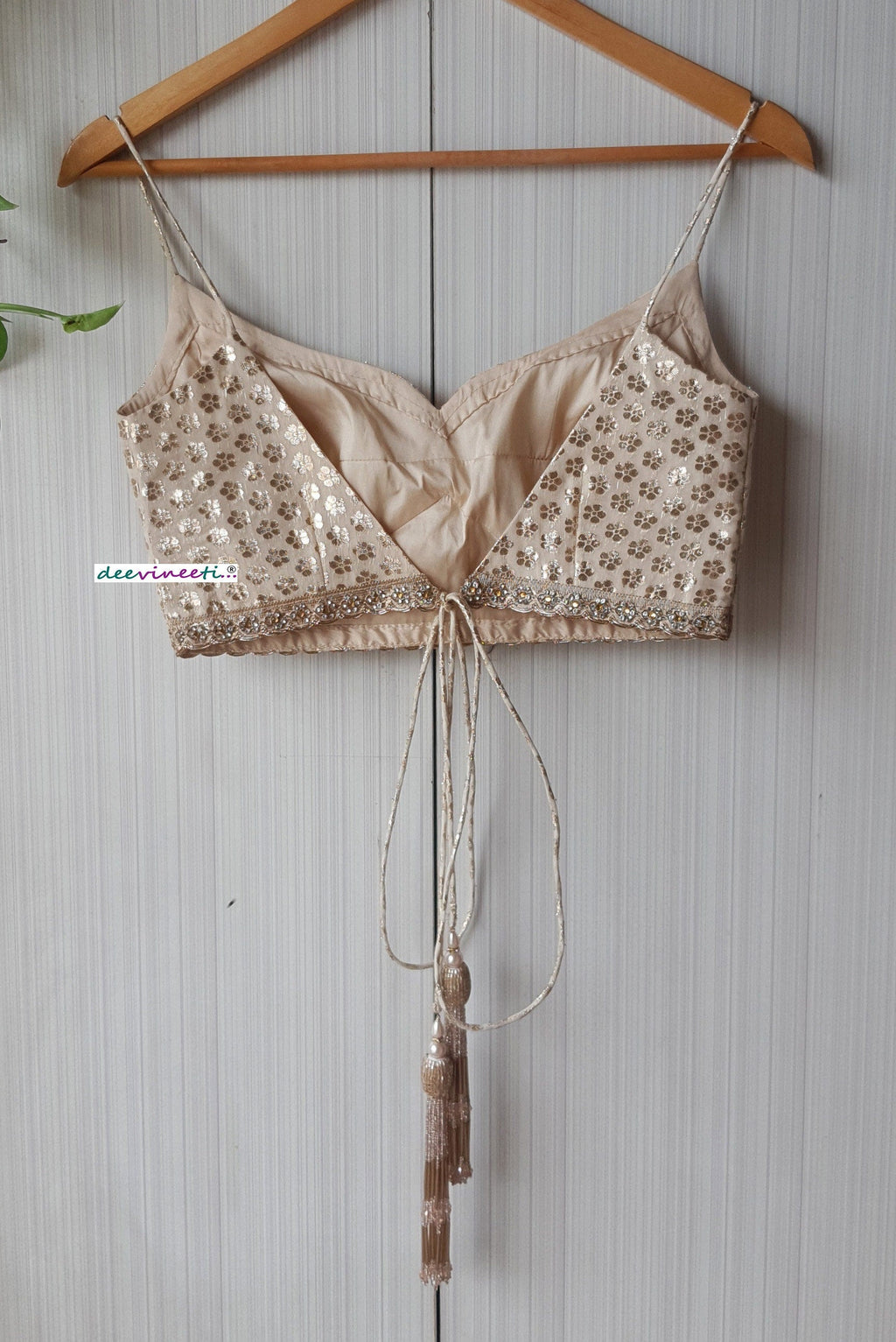 Beige Chanderi Brocade Spaghetti Blouse DVBL_252