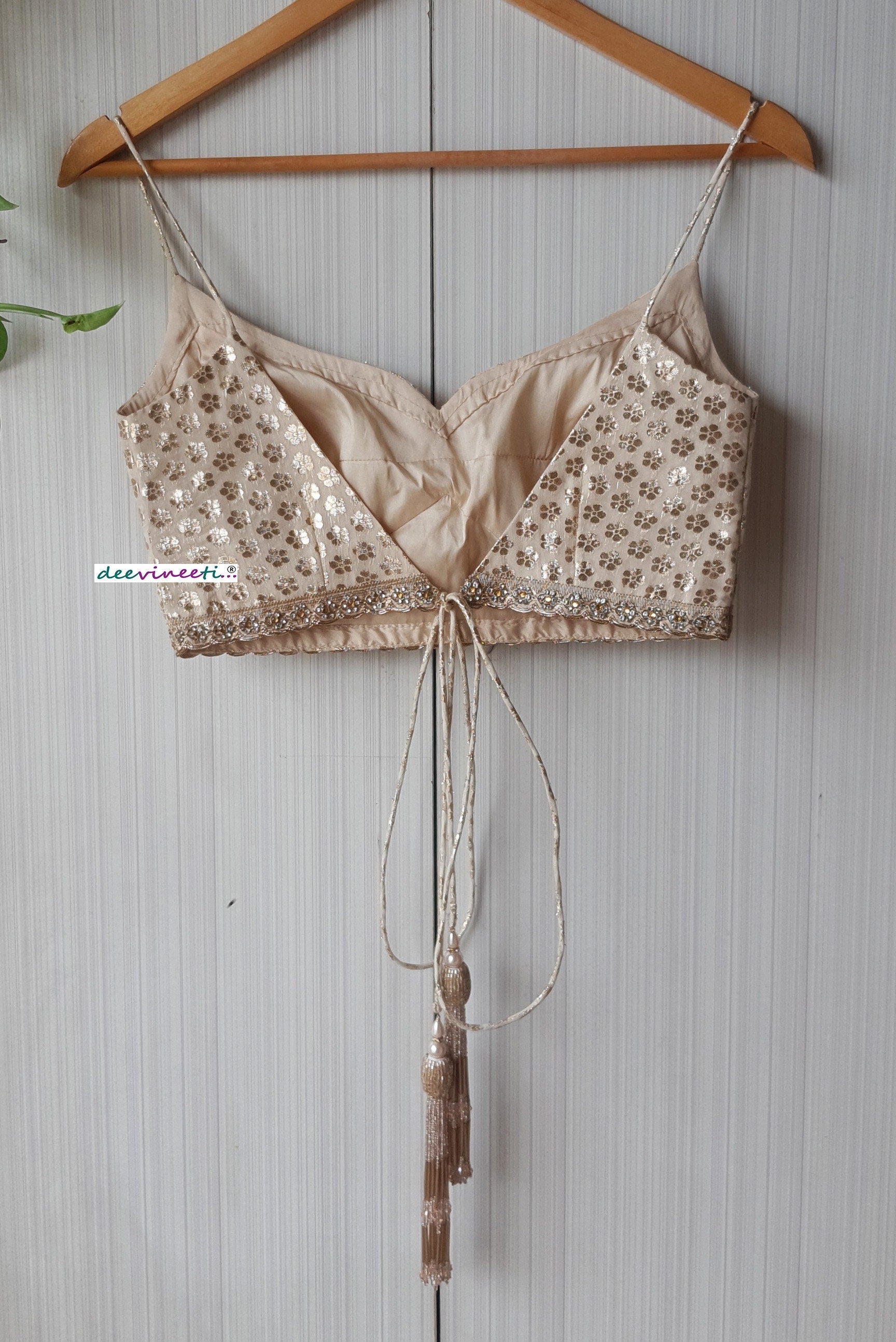 Beige Chanderi Brocade Spaghetti Blouse DVBL_252