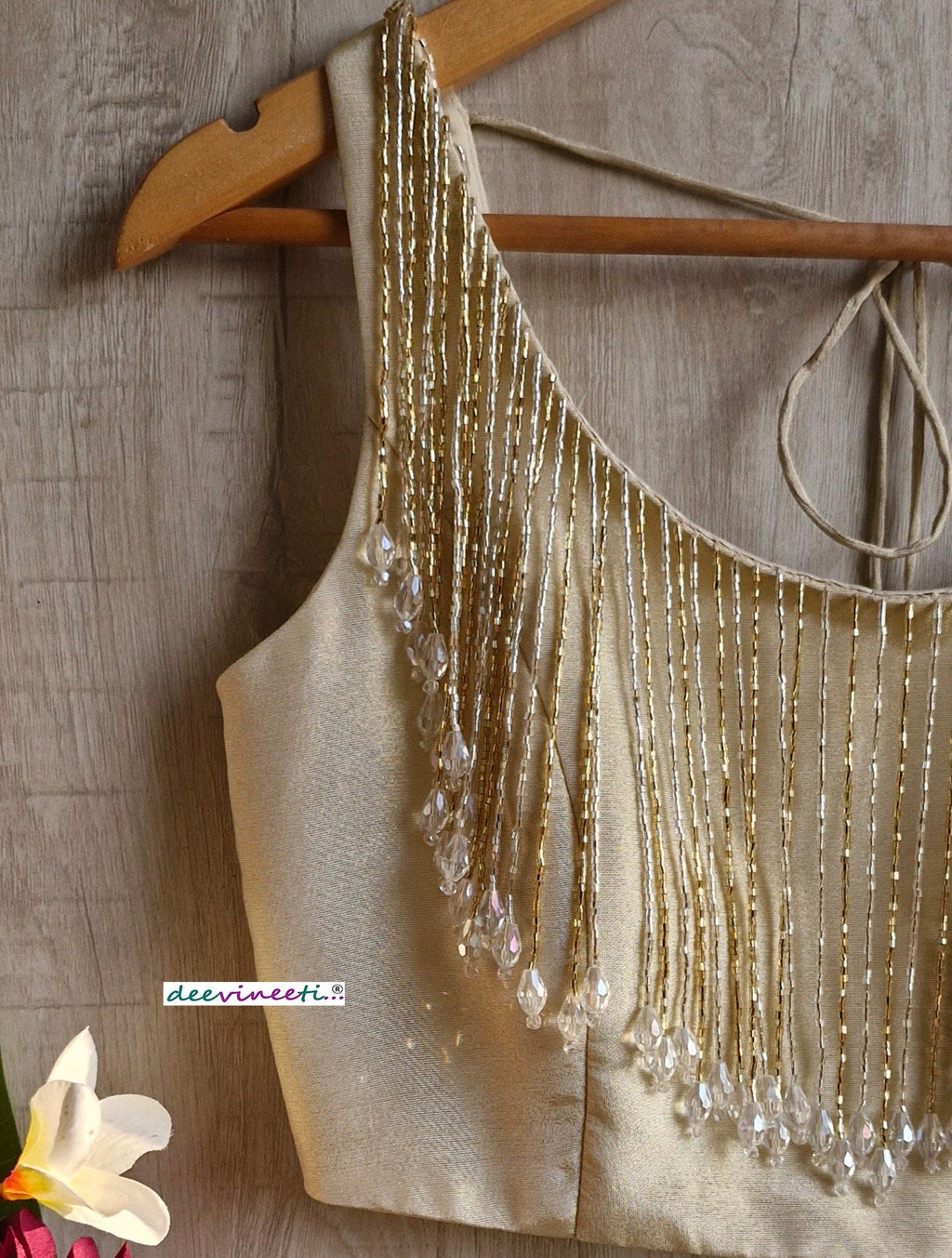 Light Gold Tissue Silk Round Neck Blouse with Fringes DVBL_353