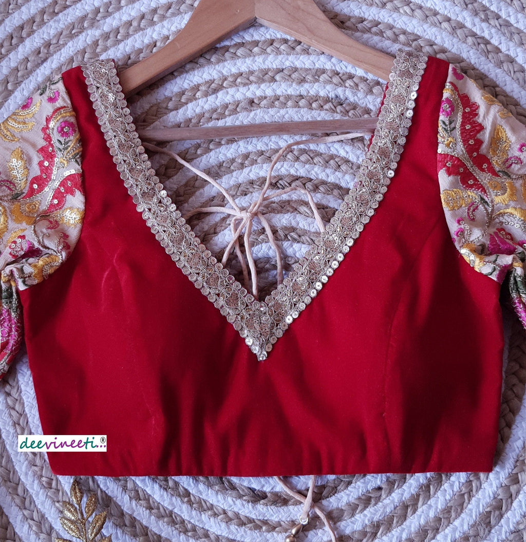 Red Velvet Embroidered Sleeves Blouse DVBL_156