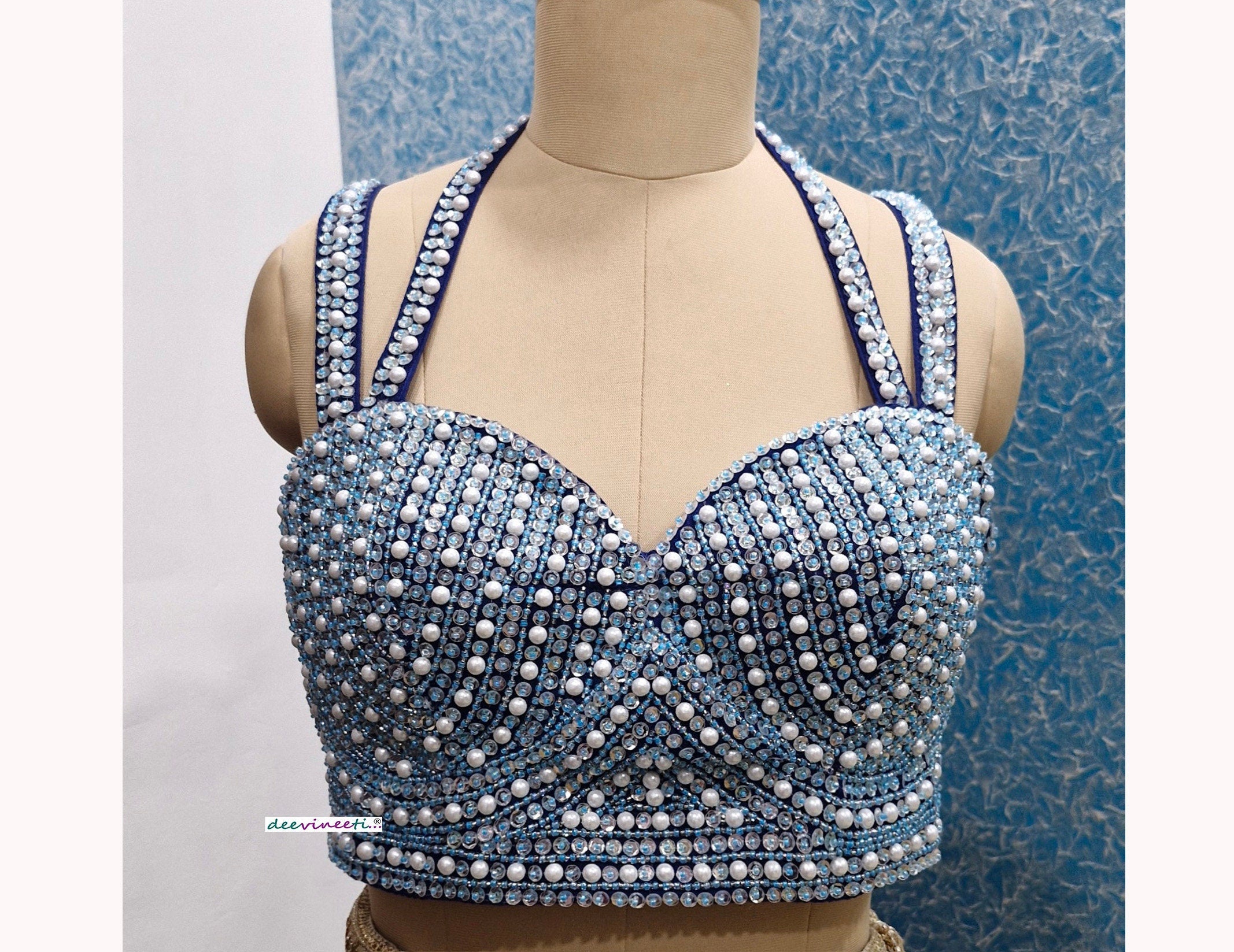 Beads and Sequins Hand Embroidered Blue Bustier Blouse DVBL_354