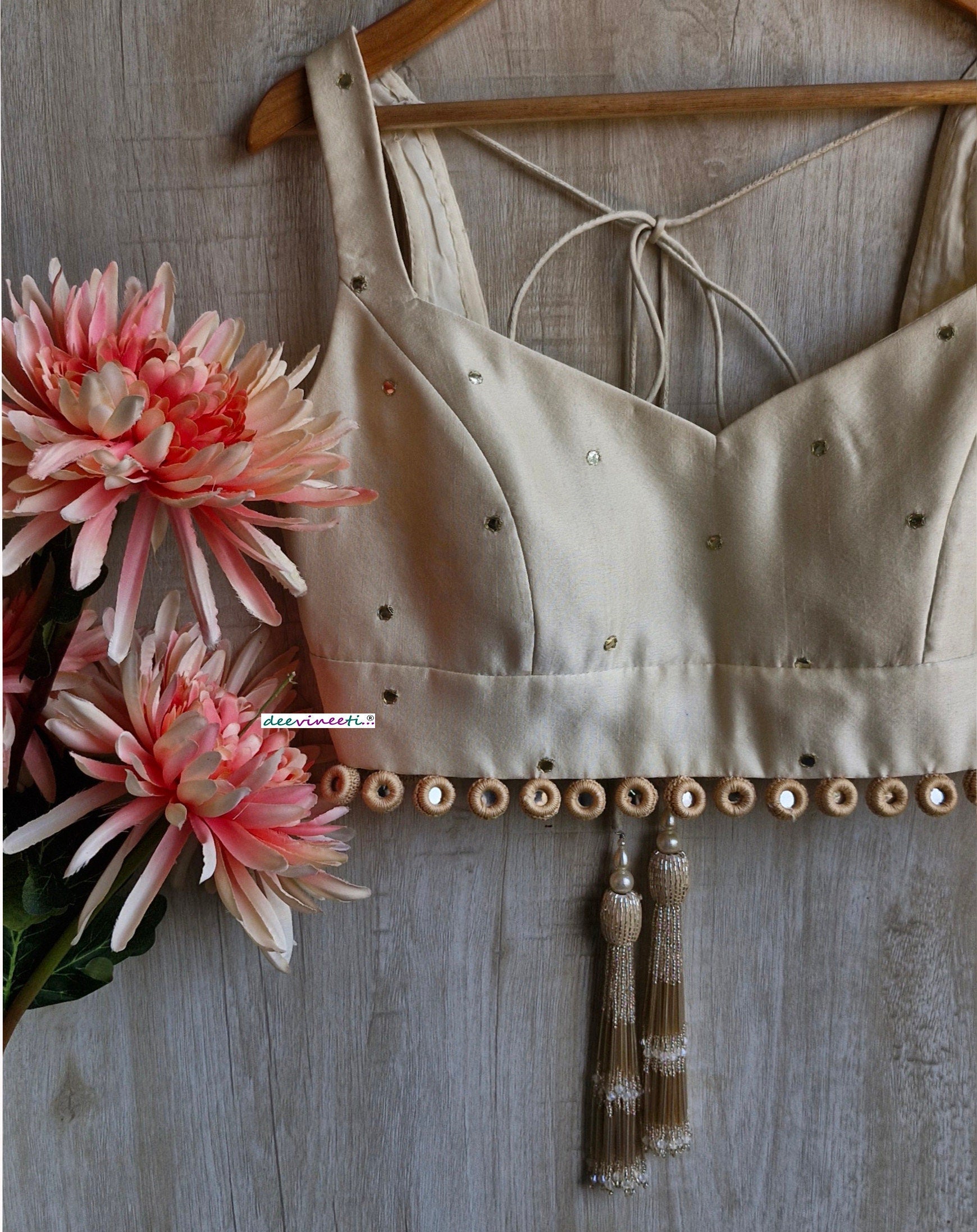 Cream Linen Tissue Silk Semi Sweetheart Neck Blouse DVBL_351
