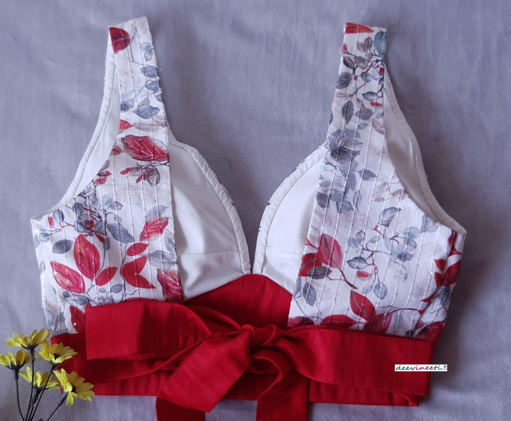 Floral Print Off White and Red Tie Blouse DVBL_180