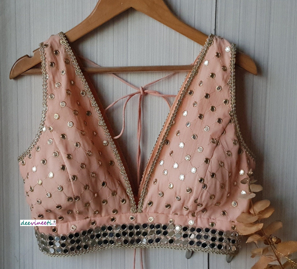 Faux Mirror Embroidered Peach Plunge Neckline Blouse DVBL_162