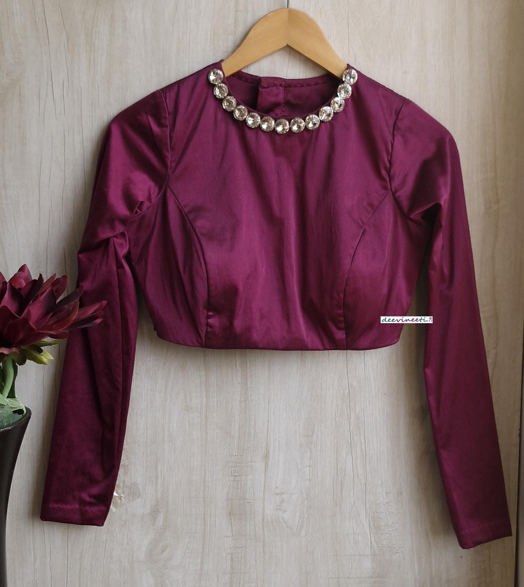 Purple Wine Lycra Satin Jewel Neck Blouse DVBL_391