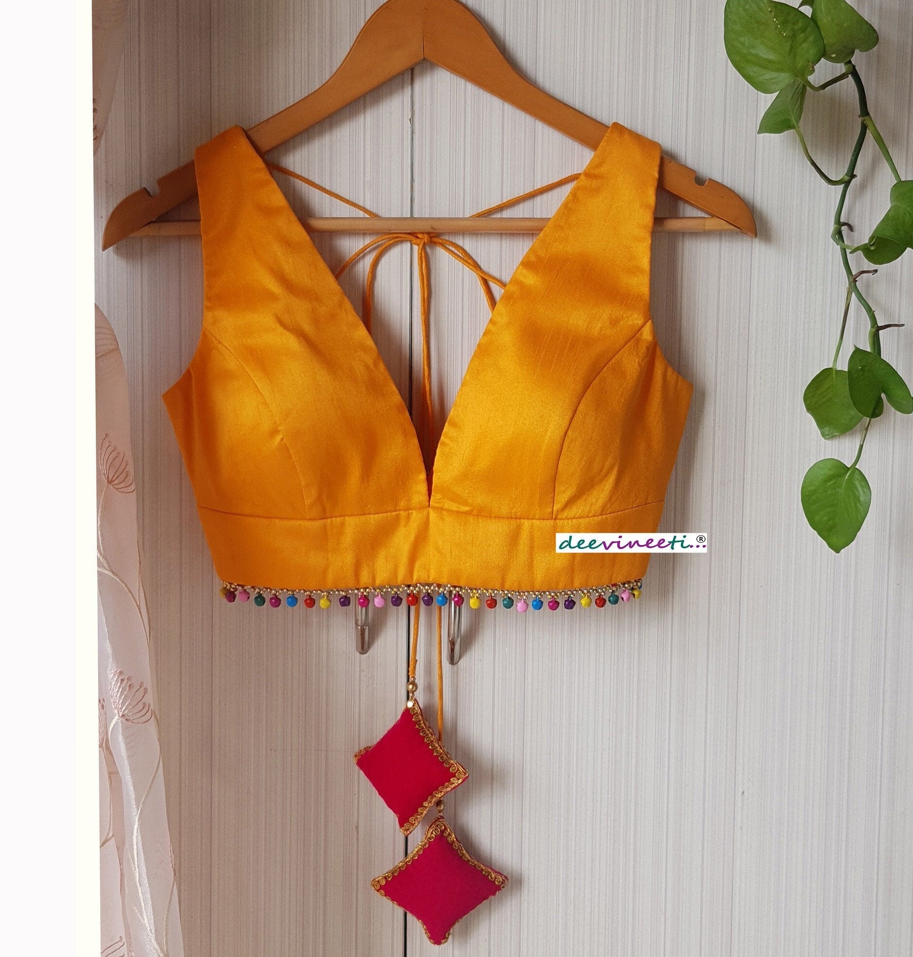 Amber Yellow Raw Silk Plunge Neckline Blouse with Multicolor Fringes DVBL_261