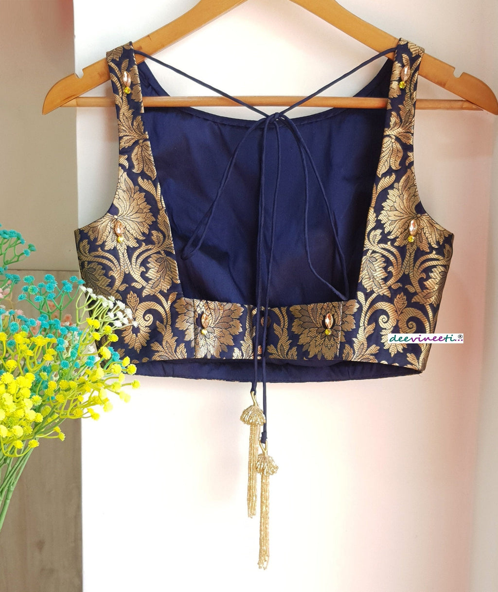 Deep Blue Brocade Blouse Sleeveless Boat Neck DVBL_127