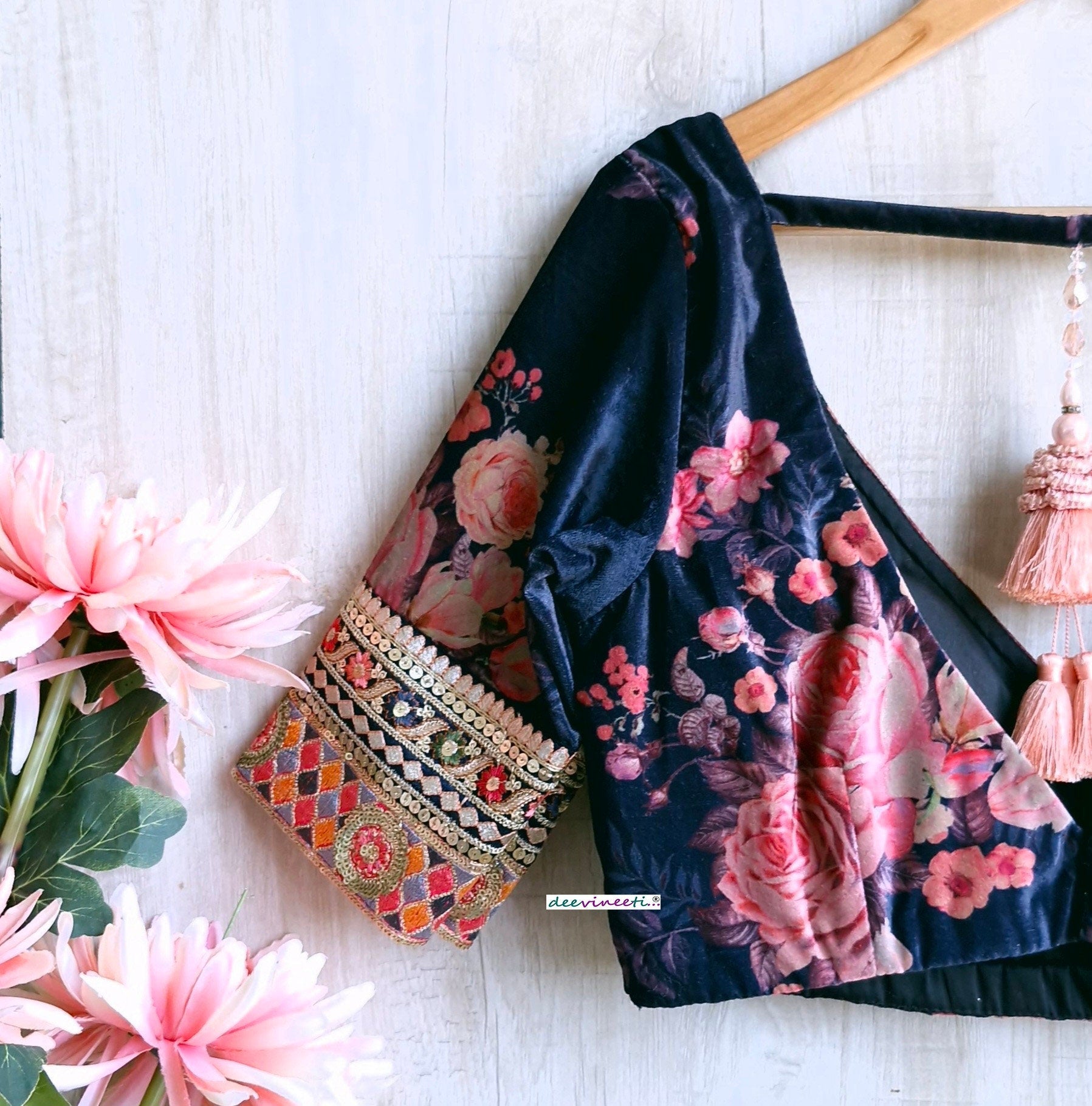 Deep Blue Floral Print Velvet V Neck Blouse DVBL_348