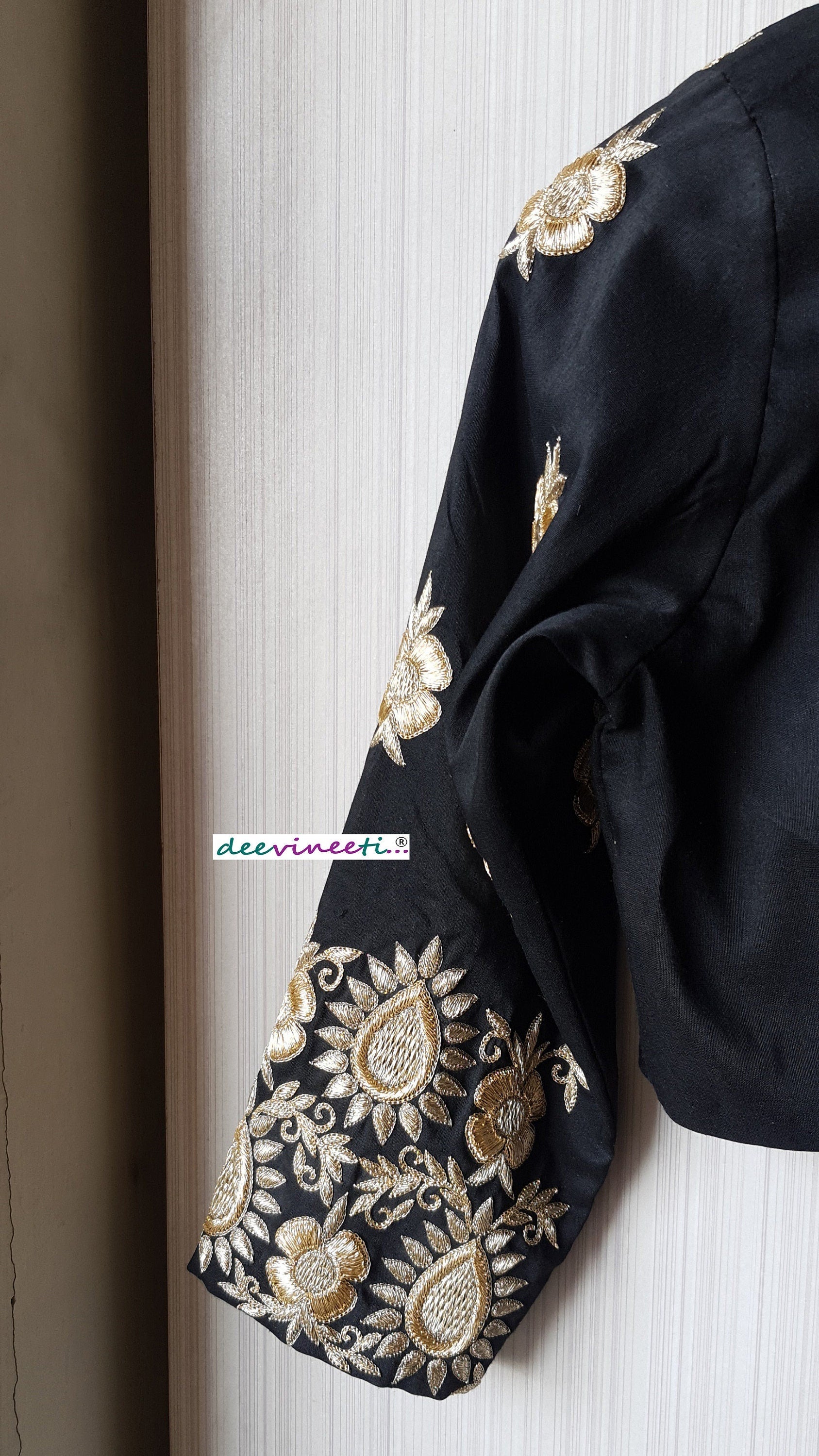 Black Silk Hand Embroidered 3/4th Sleeves Blouse DVBL_236