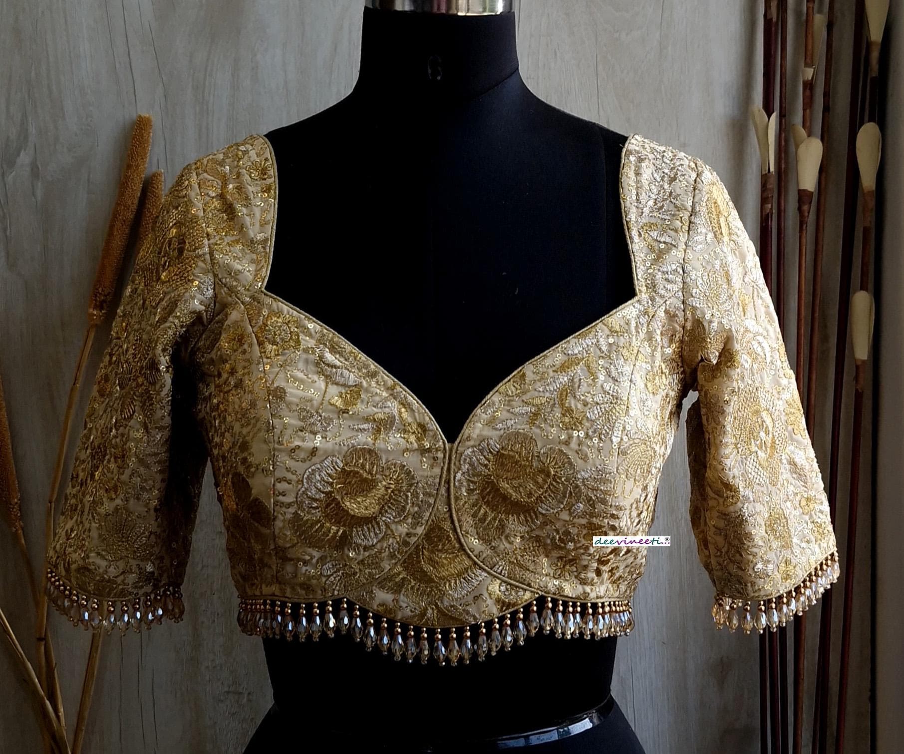 Beige Gold Embroidered Deep Sweetheart Neck Blouse DVBL_380
