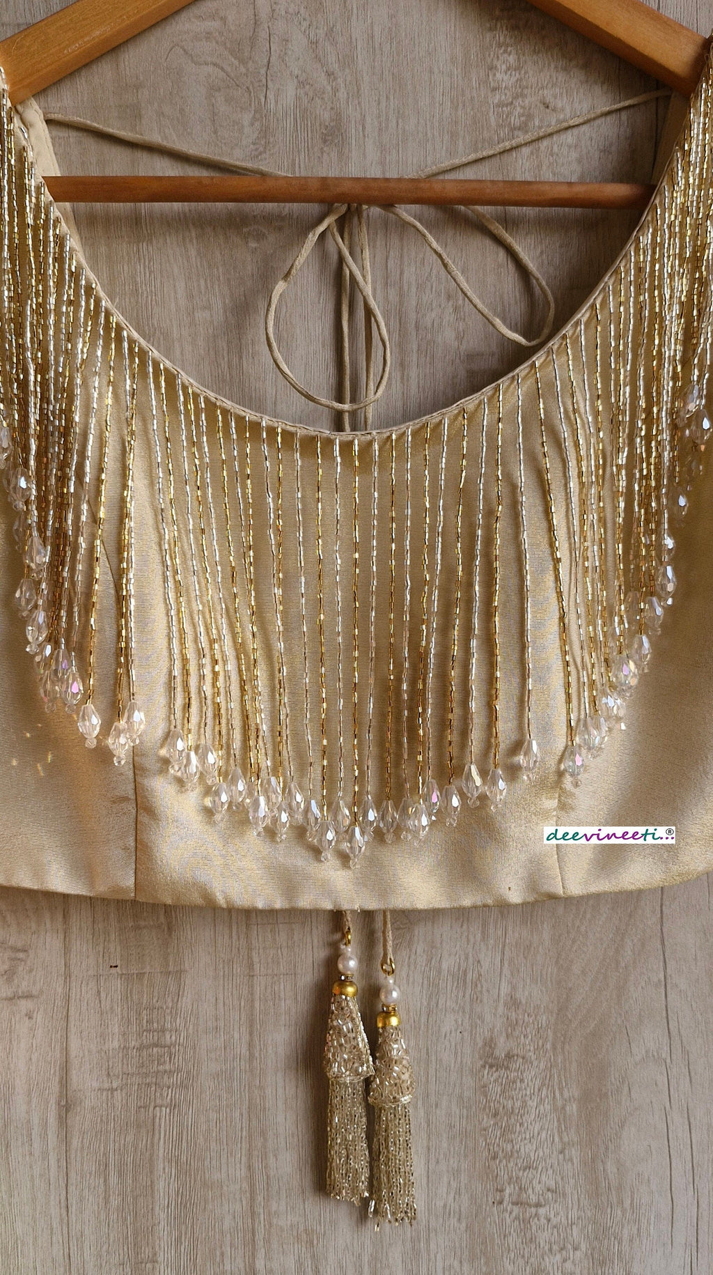 Light Gold Tissue Silk Round Neck Blouse with Fringes DVBL_353