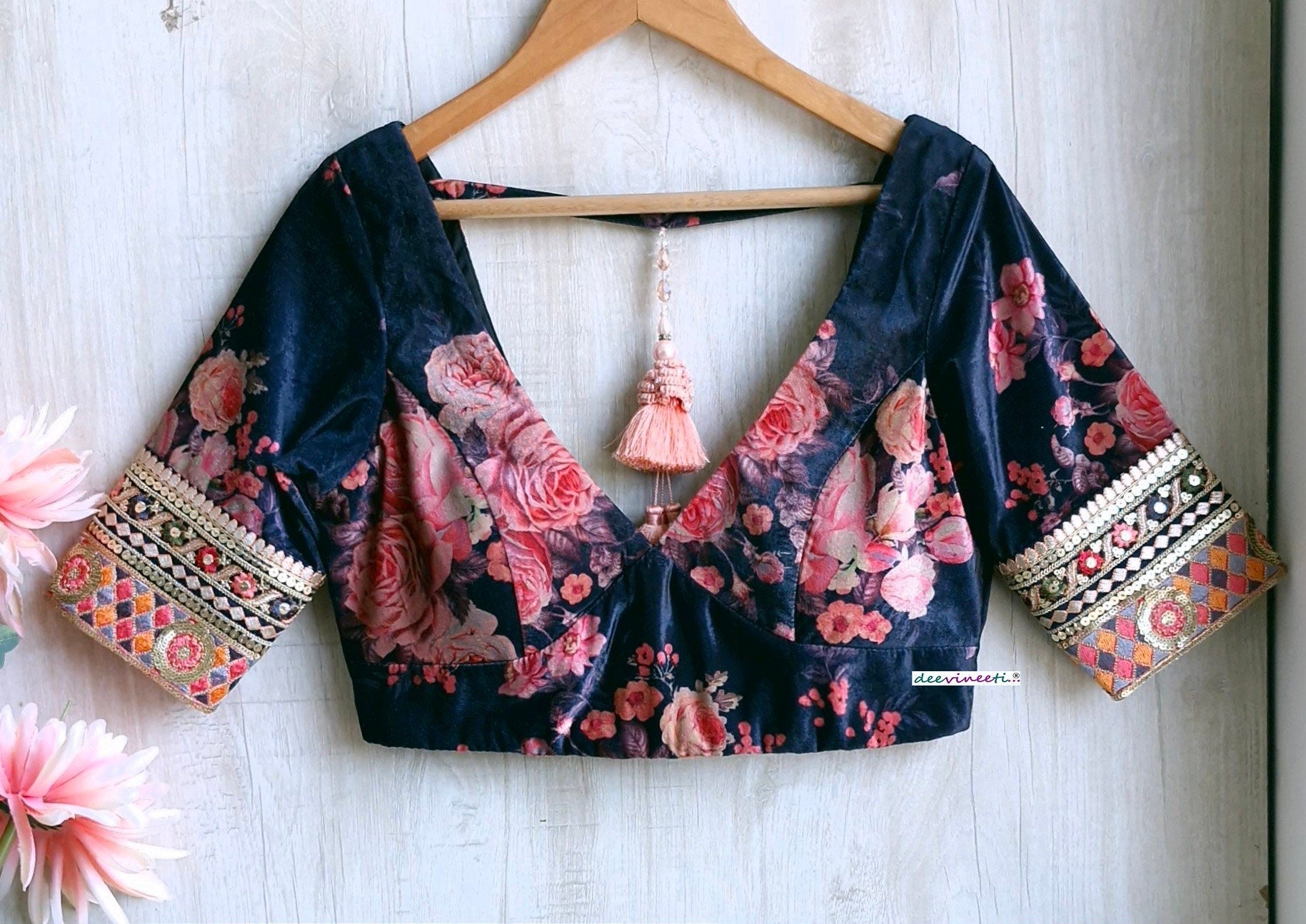 Deep Blue Floral Print Velvet V Neck Blouse DVBL_348
