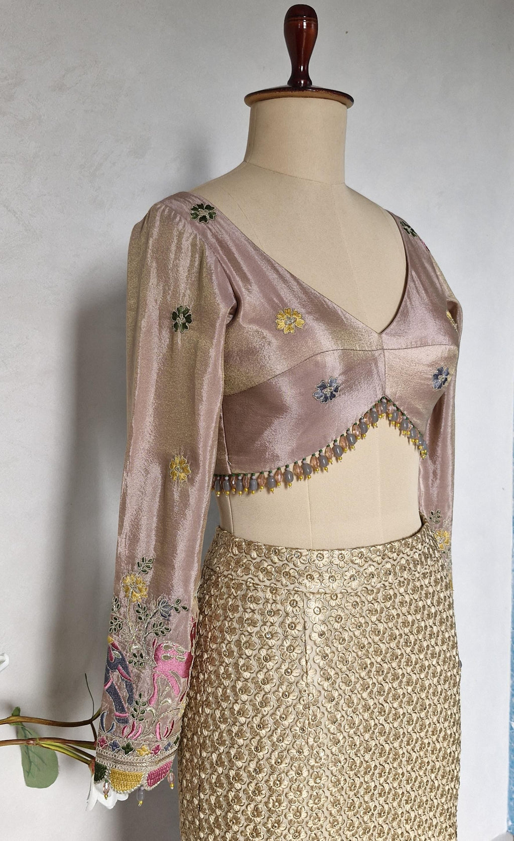 Dusty Rose Pink Embroidered Tissue Silk Blouse DVBL_442