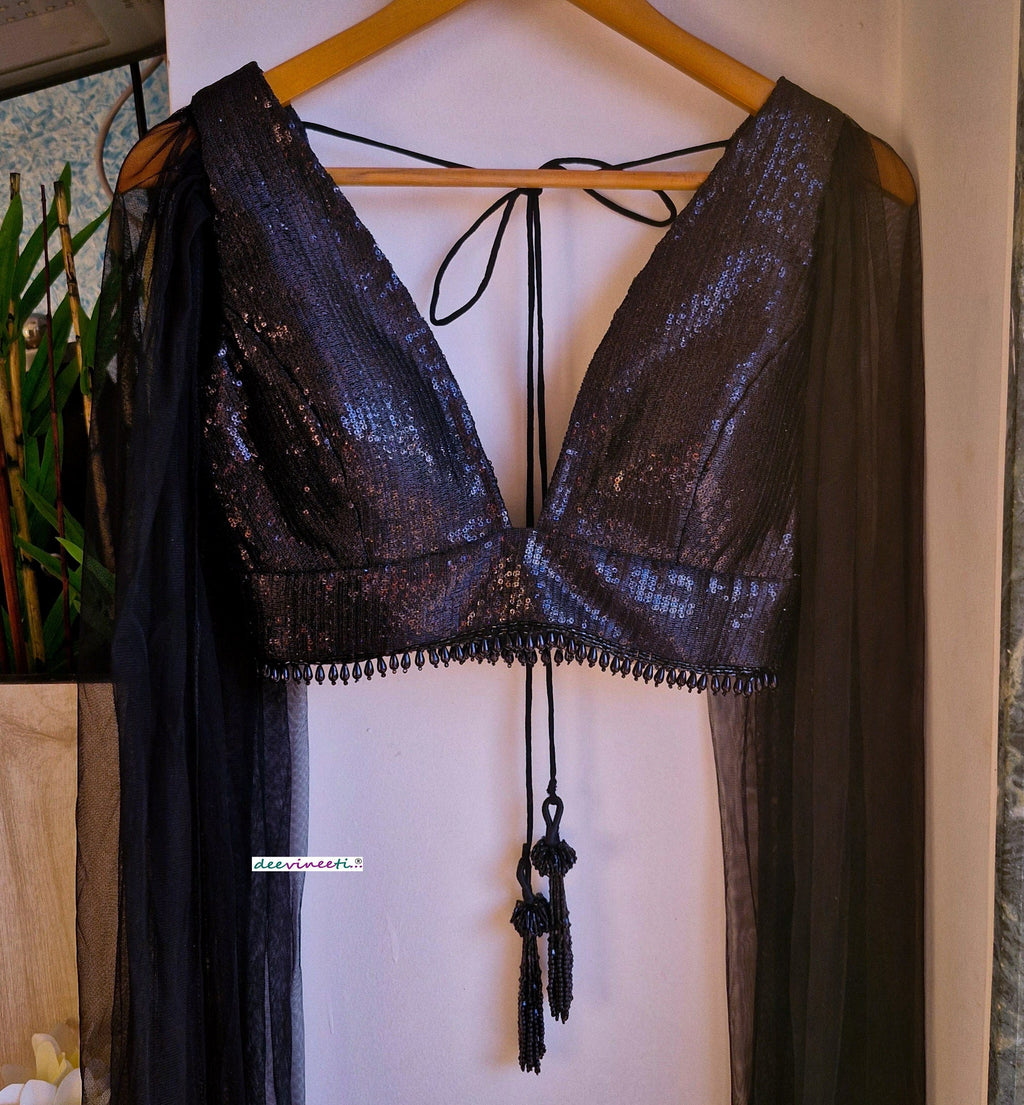 Black Sequins Embroidered Plunge Neck Cape Blouse DVBL_342