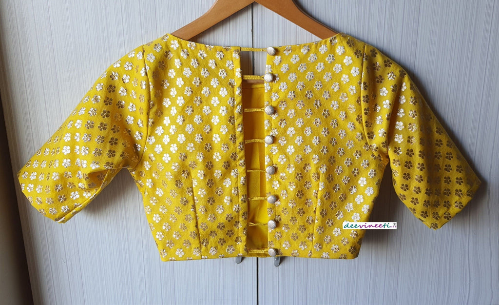 Yellow Chanderi Brocade Boat Neck Blouse DVBL_068
