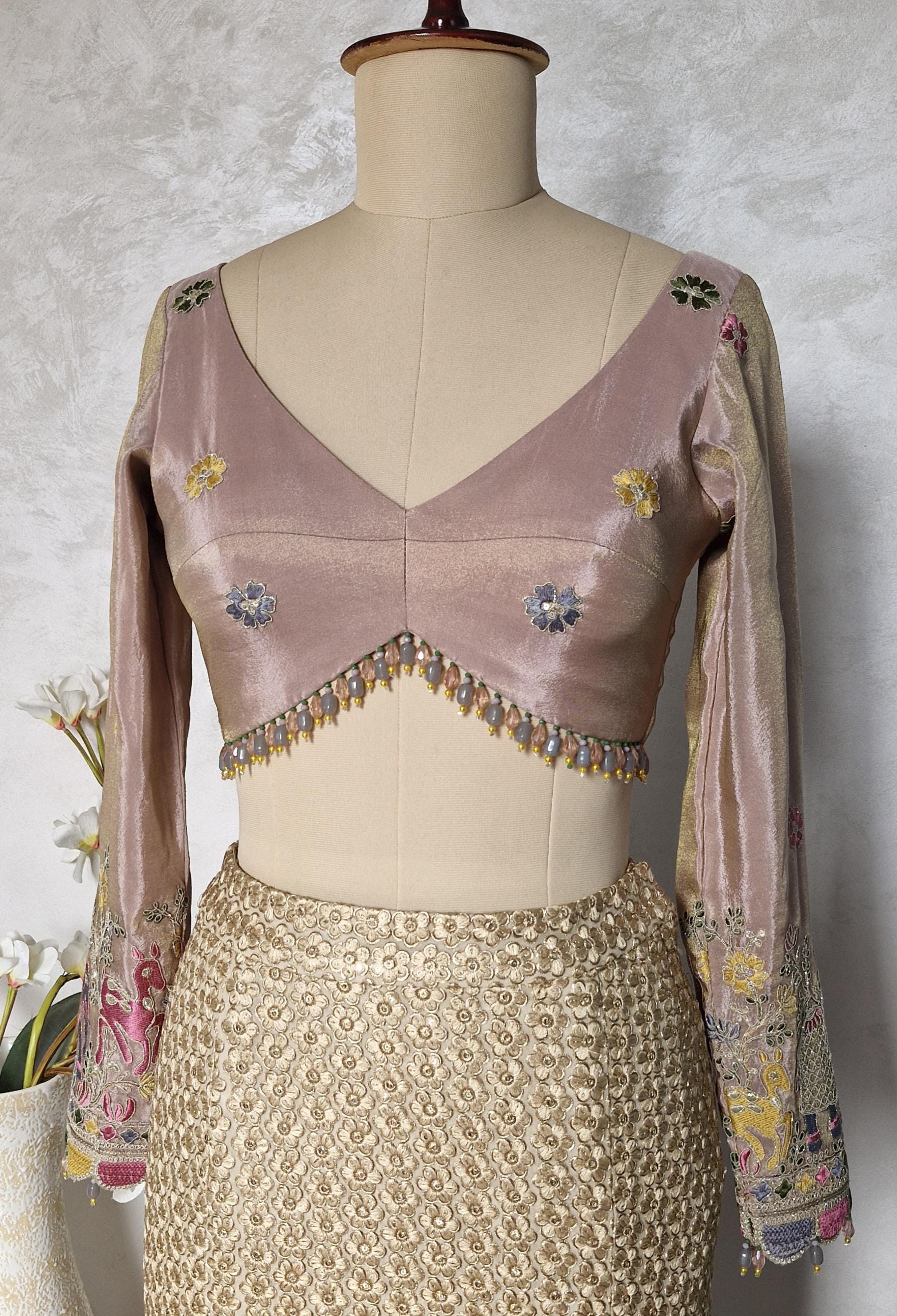 Dusty Rose Pink Embroidered Tissue Silk Blouse DVBL_442