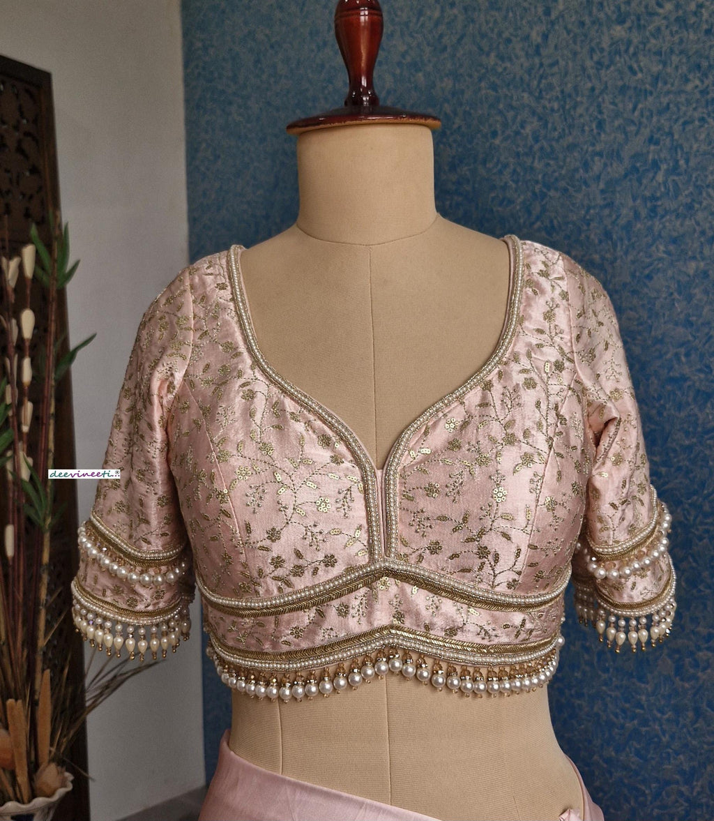 Peachish Pink Embroidered Sweetheart Neck Blouse DVBL_381