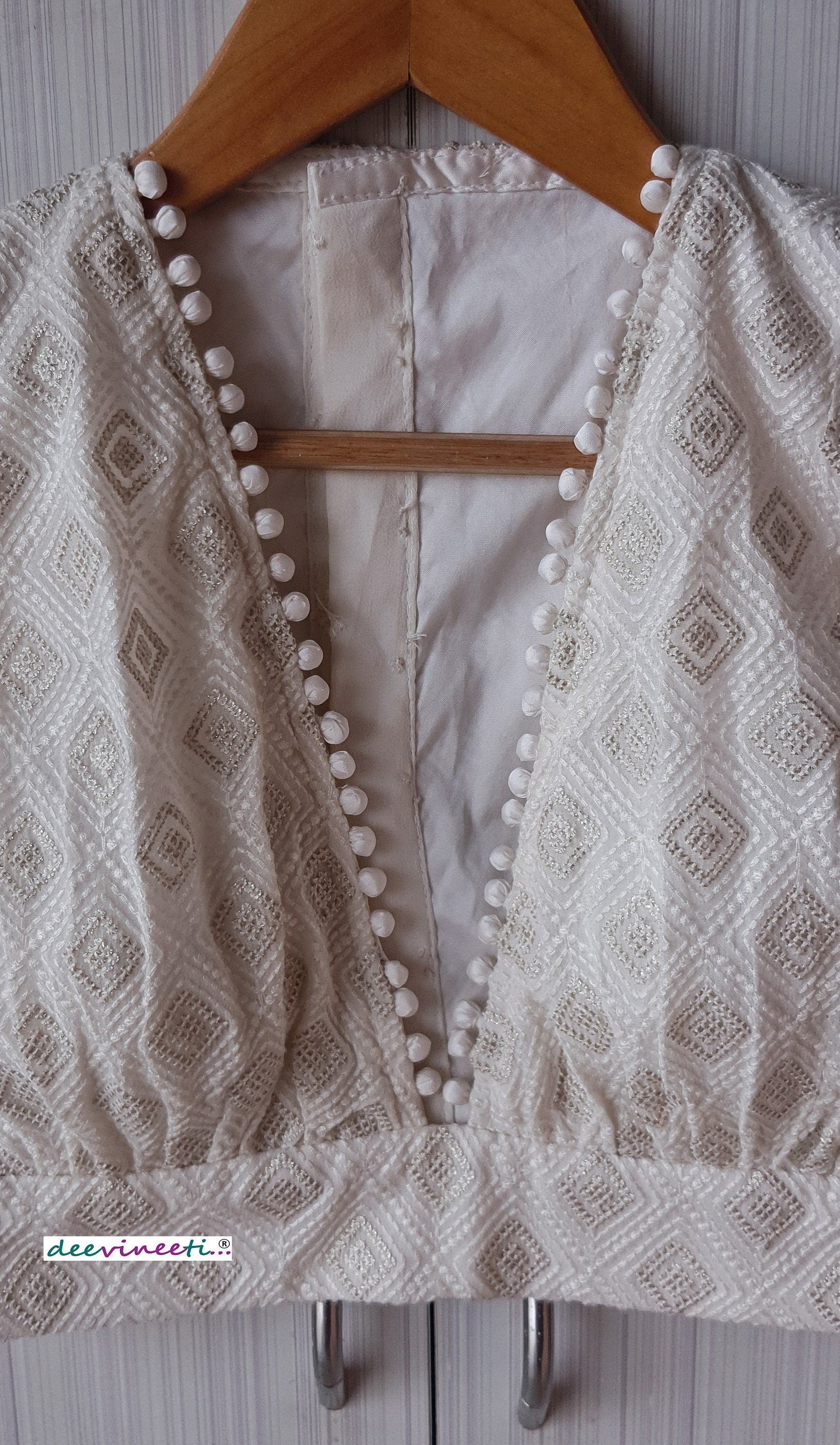 Ivory Chikankari Plunge Neckline Blouse DVBL_249