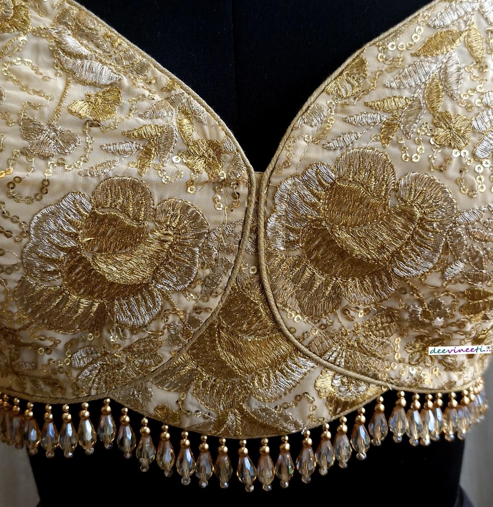 Beige Gold Embroidered Deep Sweetheart Neck Blouse DVBL_380