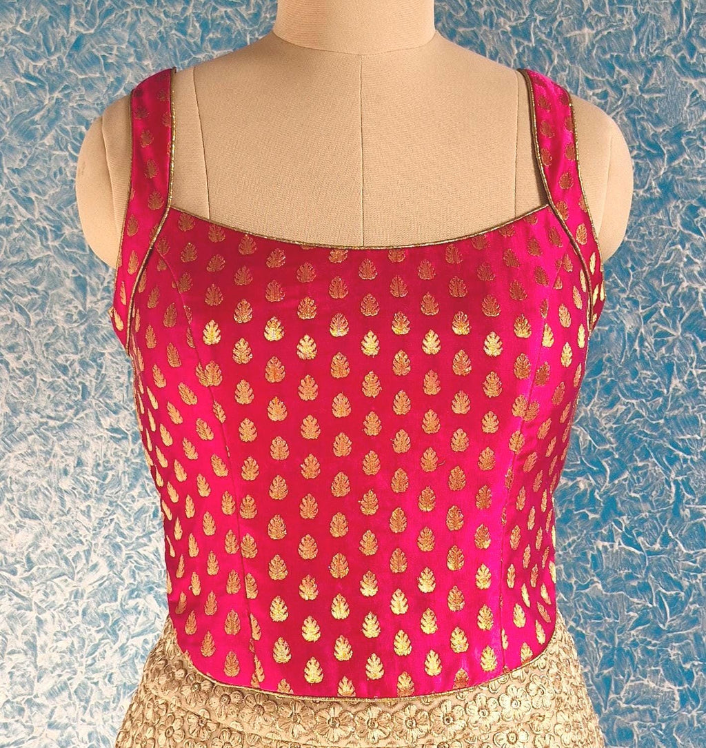 Pink Gold Brocade Silk Backless Corset Blouse DVCB_004