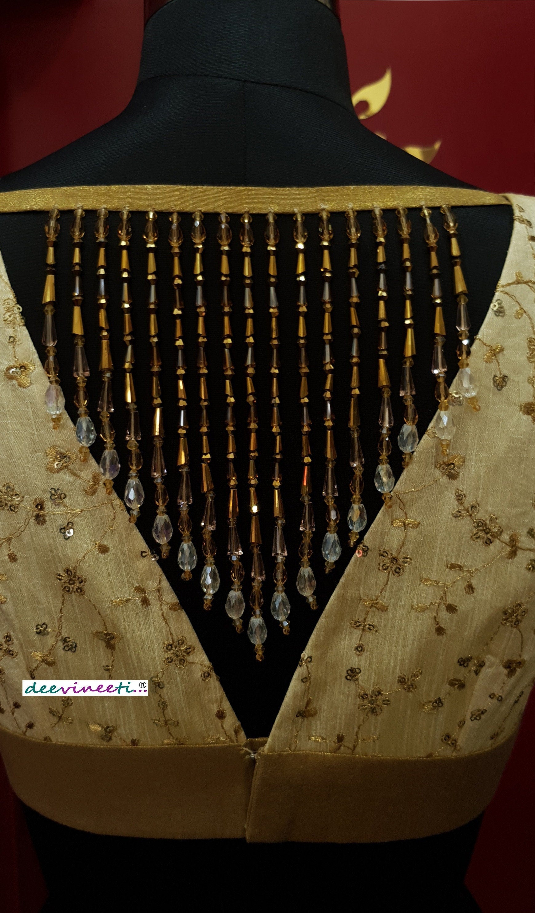 Cream Gold Embroidered Deep V Neck Blouse DVBL_253