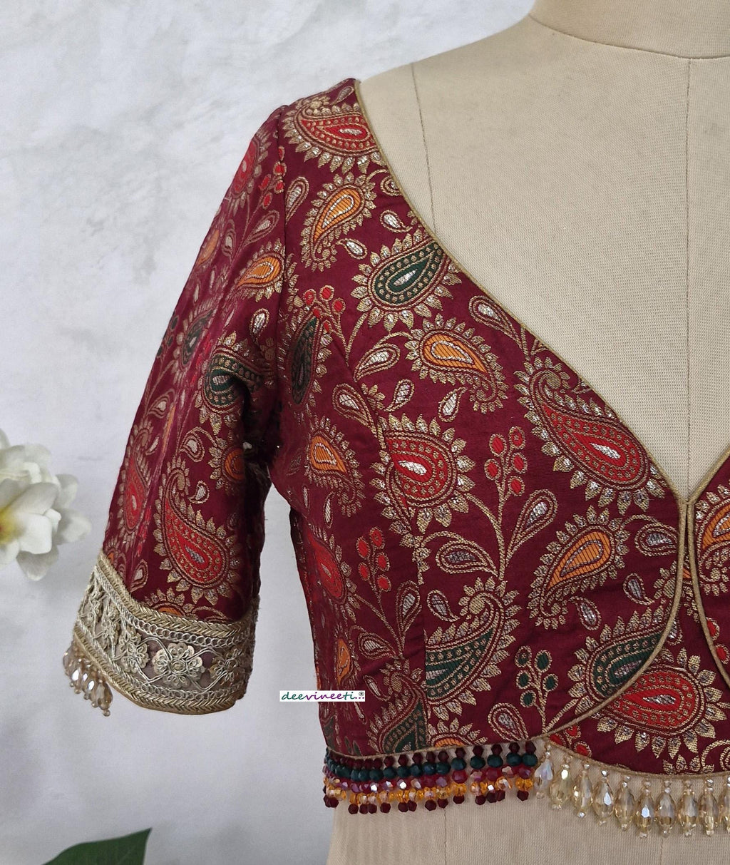 Maroon Brocade Deep Sweetheart Neck Half Sleeves Blouse DVBL_403