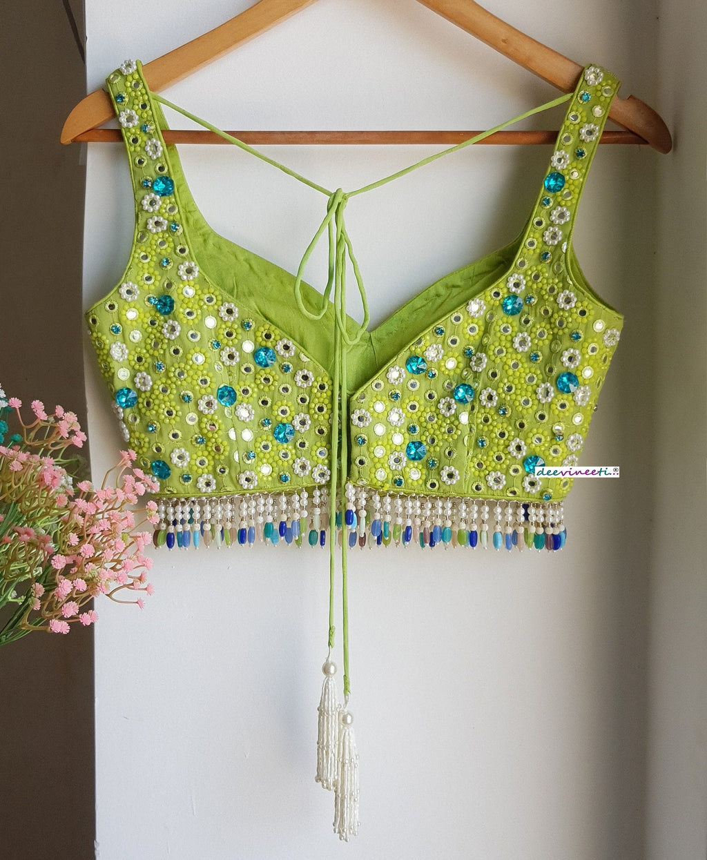 Hand Embroidered Lime Green Deep Sweetheart Neck Blouse DVBL_287