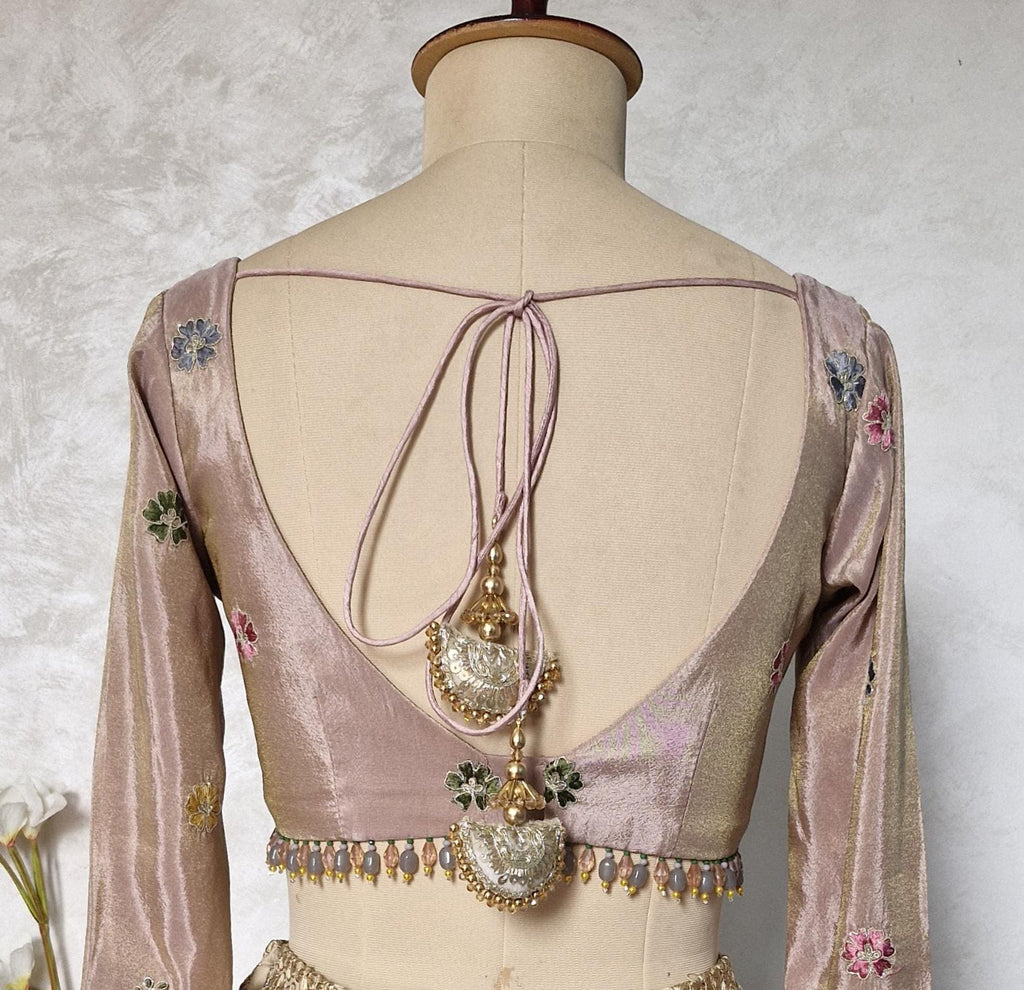 Dusty Rose Pink Embroidered Tissue Silk Blouse DVBL_442