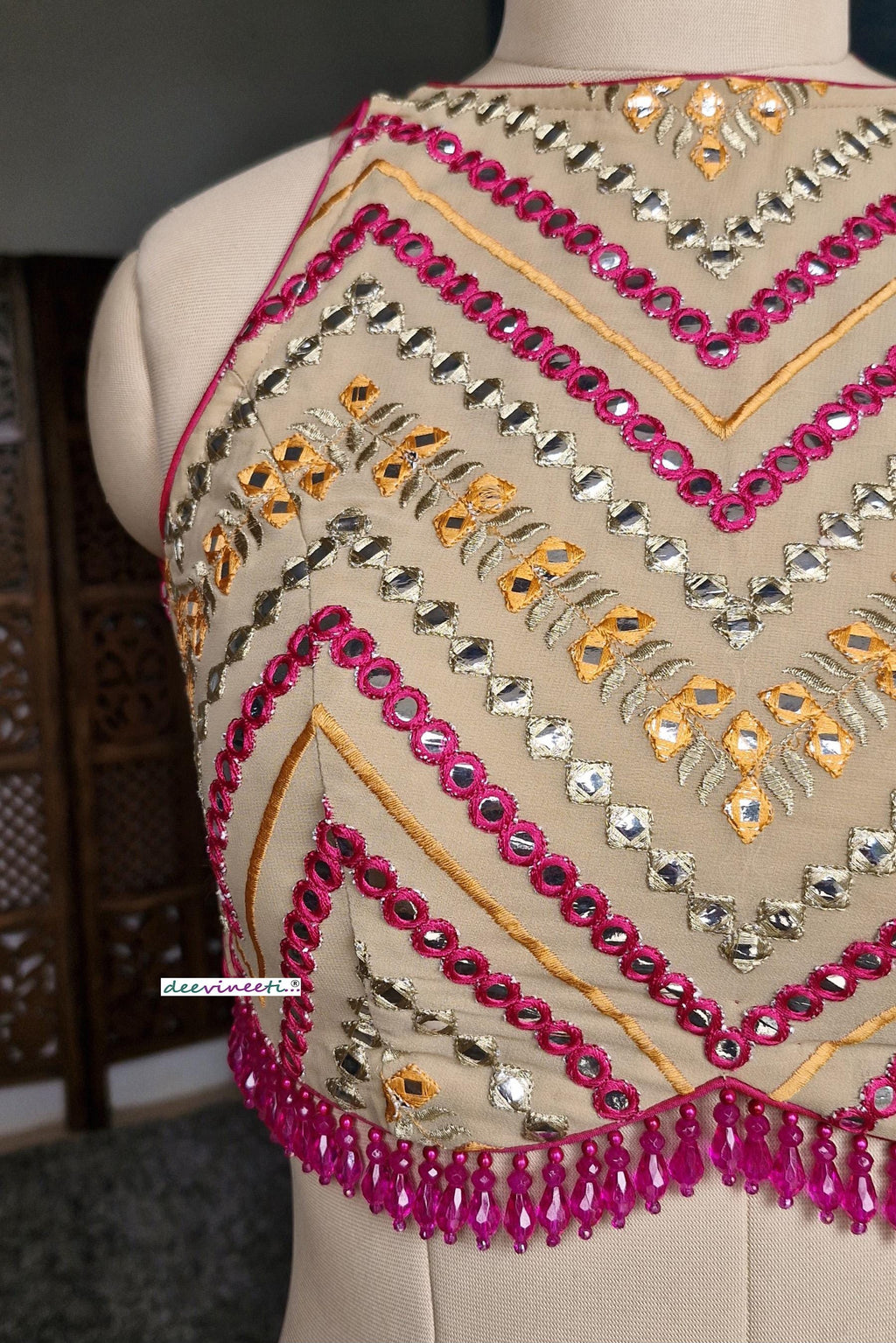 Beige Chevron Embroidered Halter Neck Blouse DVBL_367