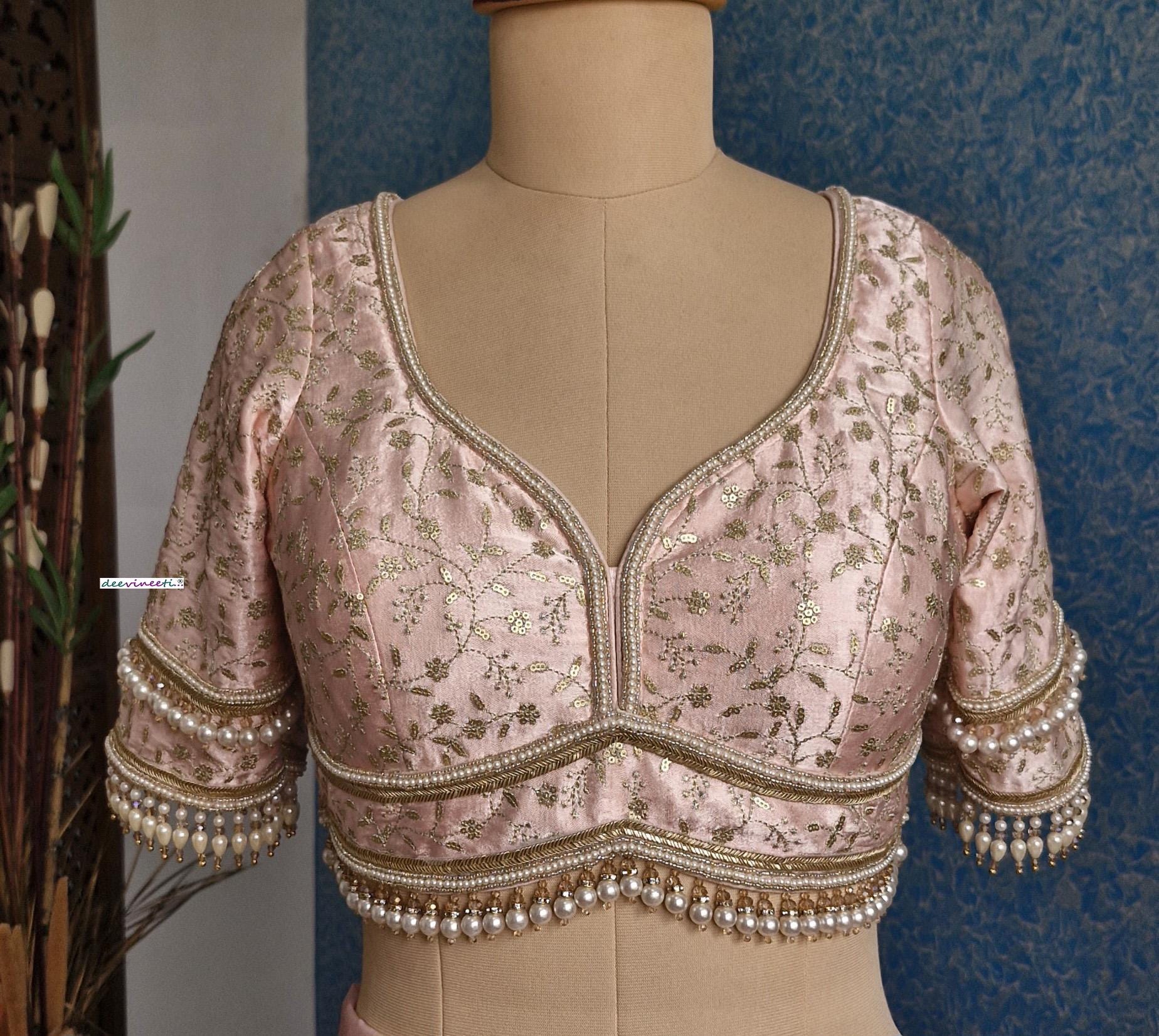 Peachish Pink Embroidered Sweetheart Neck Blouse DVBL_381