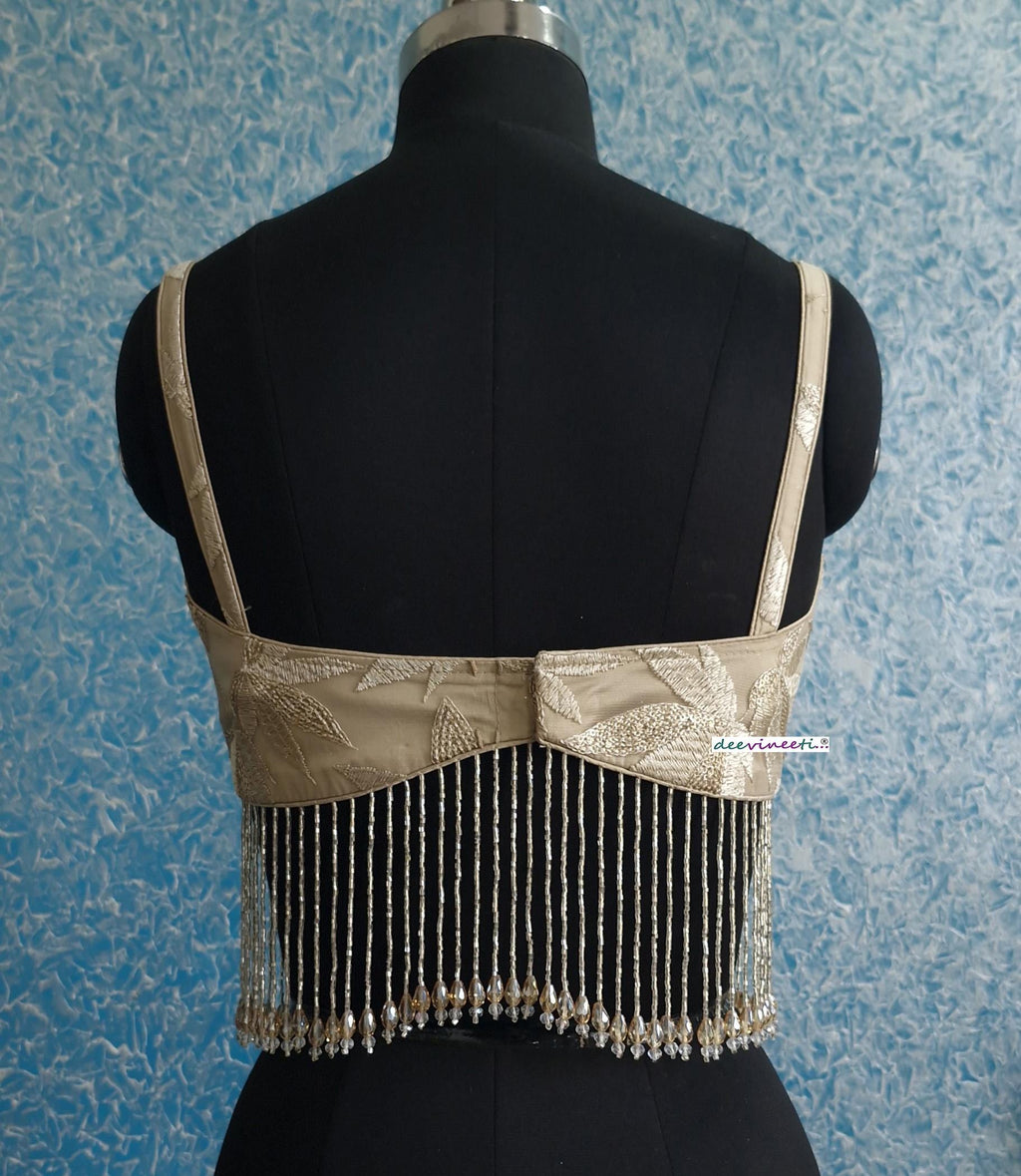 Beige Embroidered Net Spaghetti Blouse with Beads Fringes DVBL_389