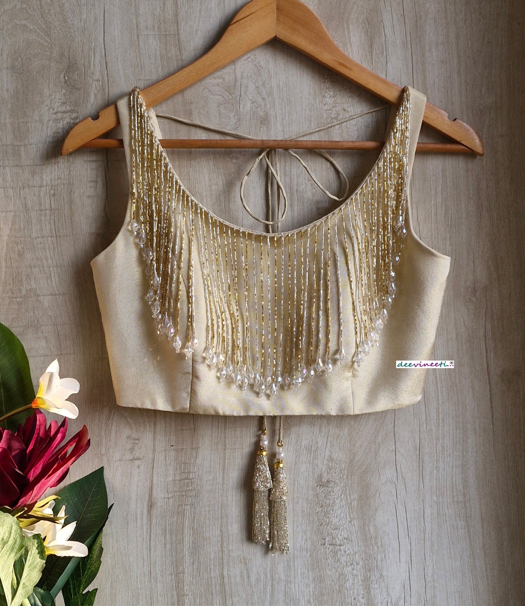 Light Gold Tissue Silk Round Neck Blouse with Fringes DVBL_353