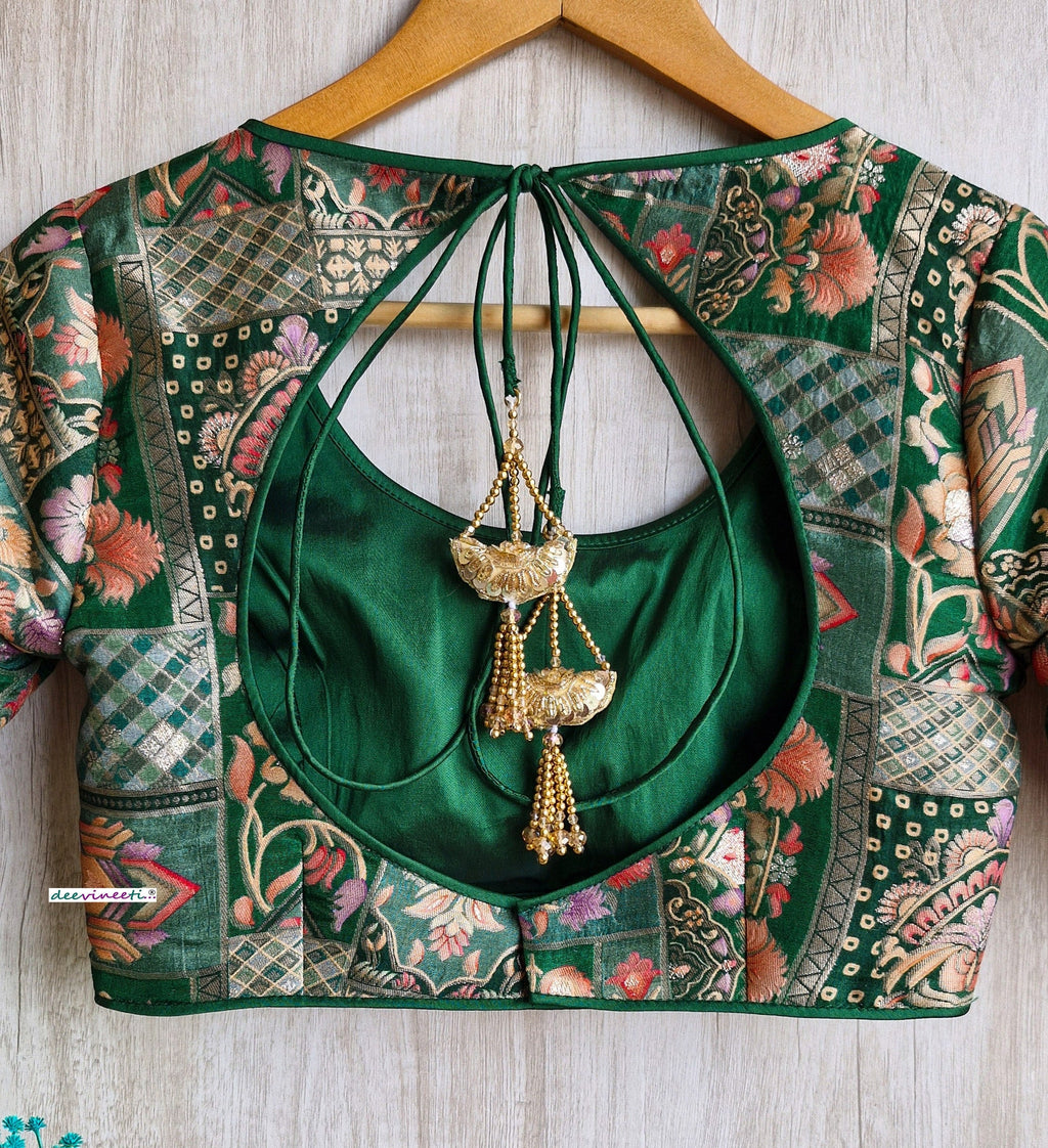 Green Jacquard Silk Round Scoop Neck Blouse DVBL_317