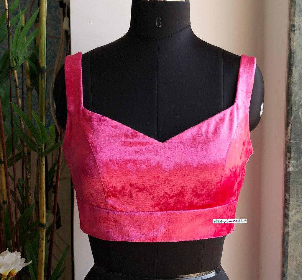 Hot Pink Viscose Velvet Semi Sweetheart Neck Blouse DVBL_334
