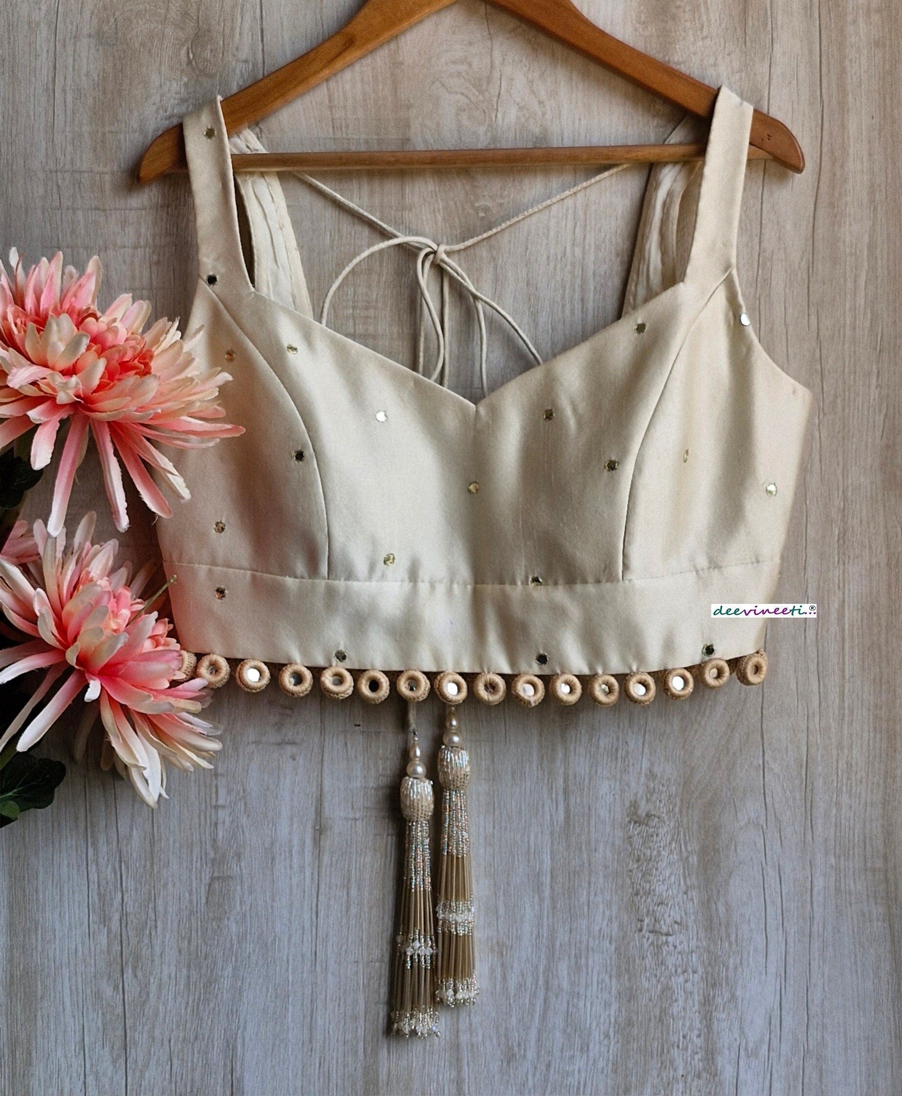 Cream Linen Tissue Silk Semi Sweetheart Neck Blouse DVBL_351
