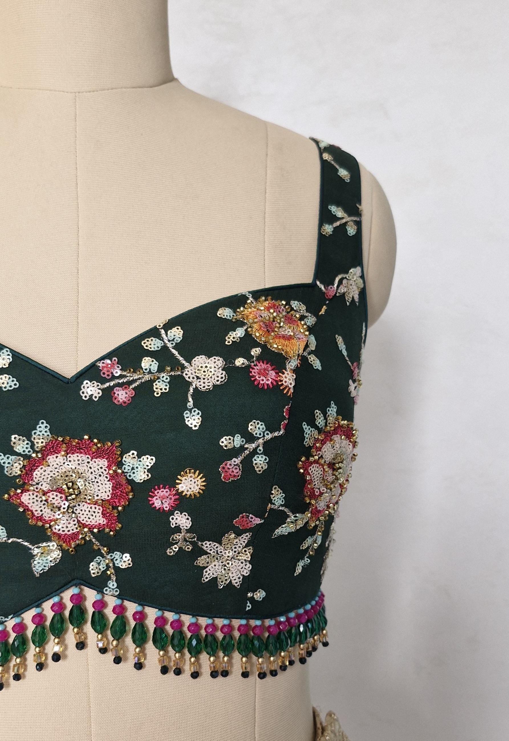 Bottle Green Embroidered Sweetheart Neck Blouse DVBL_441