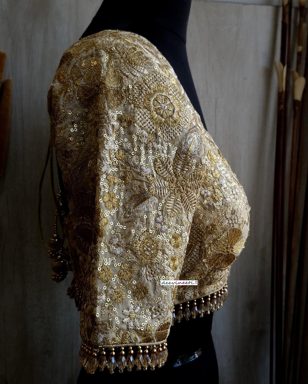 Beige Gold Embroidered Deep Sweetheart Neck Blouse DVBL_380