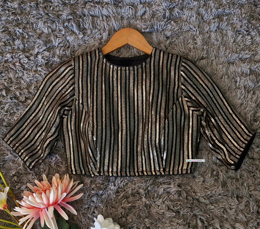 Black and Gold Sequins Embroidered Jewel Neck Blouse DVBL_350