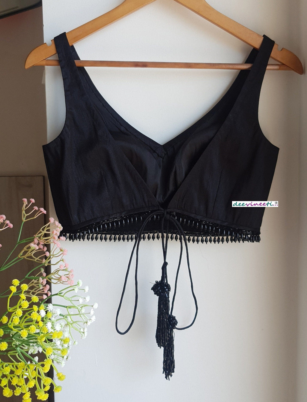 Designer Black Raw Silk Blouse Deep V Neck with Fringes DVBL_327