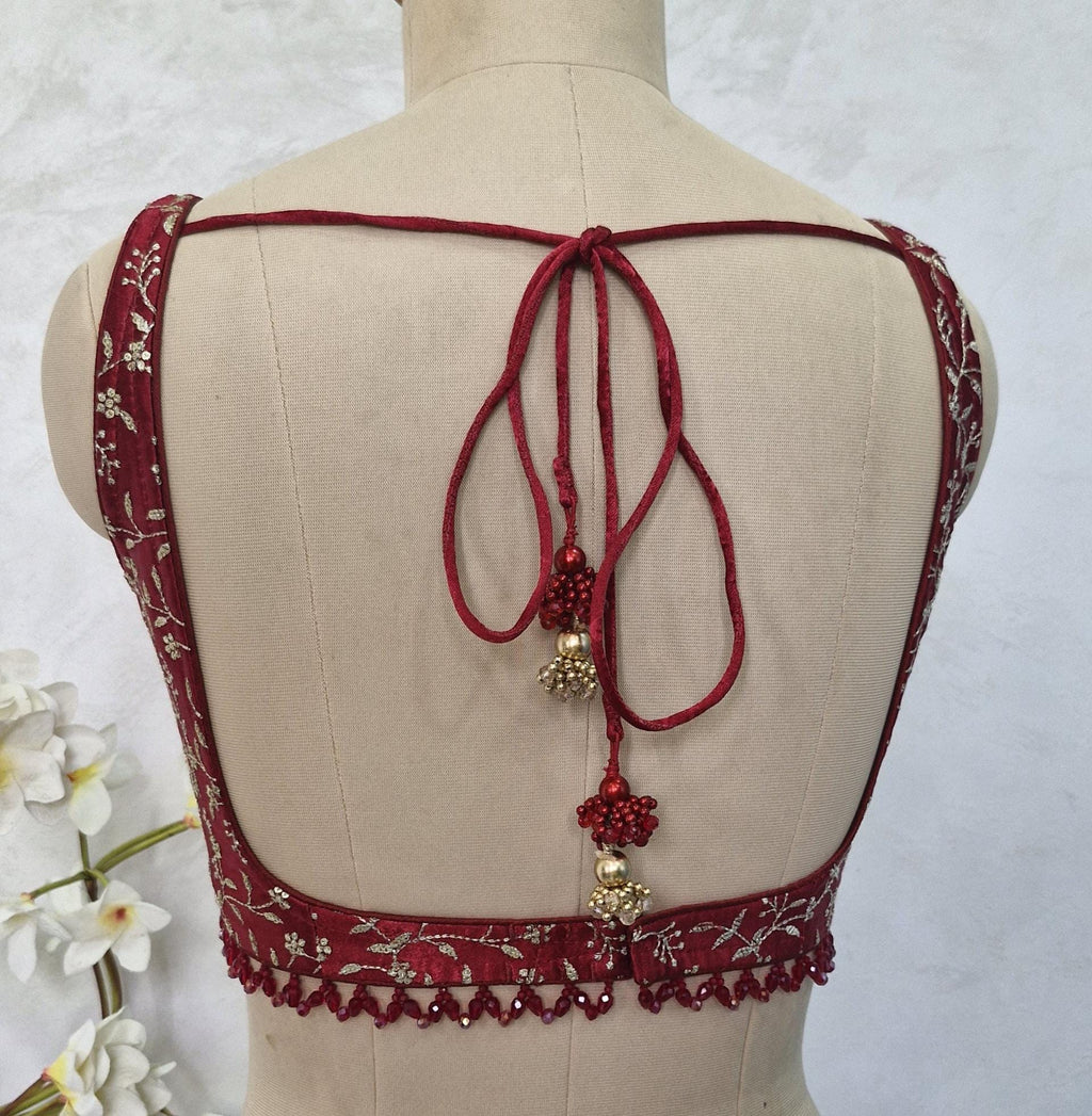 Maroon Embroidered Silk Scoop Neck Blouse DVBL_412