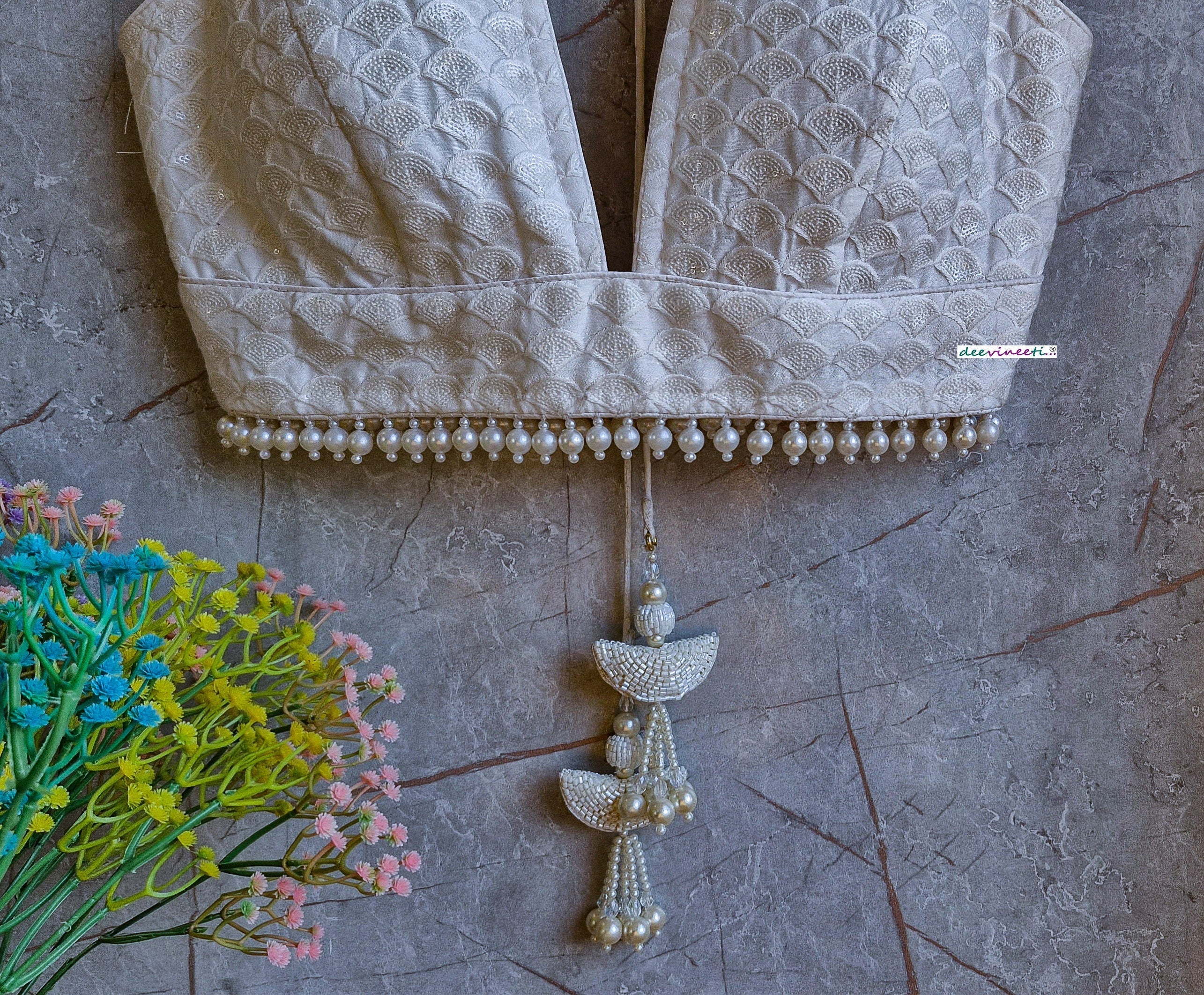 Ivory Embroidered Chanderi Plunge Neckline Blouse DVBL_331
